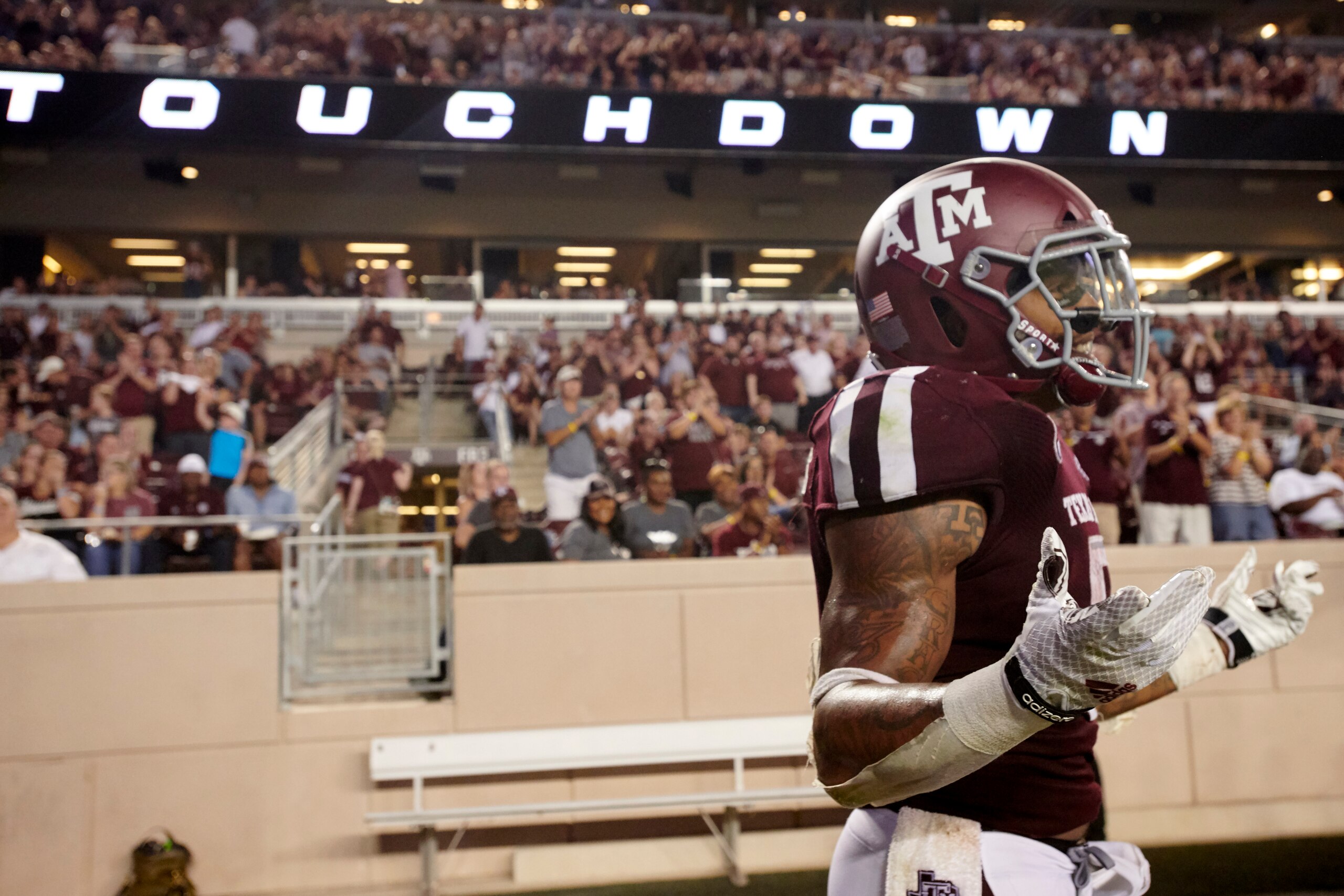 COLLEGE STATION, TX - AUGUST 30: Trayveon Williams #5 of the Texas A&M Aggies celebrates after scoring a touchdown on a 40 yard run against the Northwestern State Demons during the second half of a football game at Kyle Field on August 30, 2018 in Colleg COLLEGE STATION, TX - AUGUST 30: Trayveon Williams #5 of the Texas A&M Aggies celebrates after scoring a touchdown on a 40 yard run against the Northwestern State Demons during the second half of a football game at Kyle Field on August 30, 2018 in Colleg