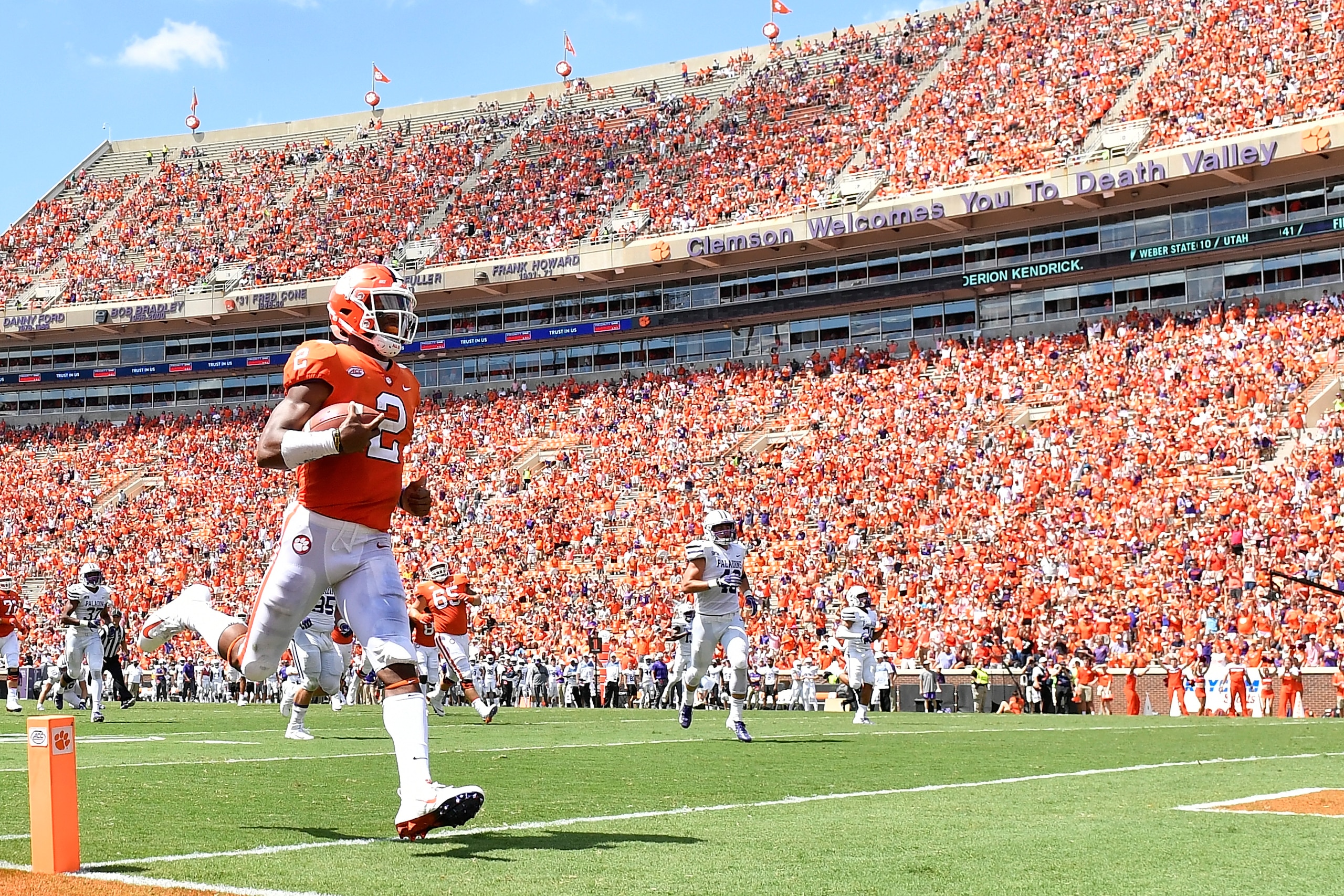 CLEMSON, SC - SEPTEMBER 01: Quarterback Kelly Bryant #2 of the Clemson Tigers runs in a 35 yard touchdown in the third quarter of the Tigers' football game against the Furman Paladins at Clemson Memorial Stadium on September 1, 2018 in Clemson, South Caro CLEMSON, SC - SEPTEMBER 01: Quarterback Kelly Bryant #2 of the Clemson Tigers runs in a 35 yard touchdown in the third quarter of the Tigers' football game against the Furman Paladins at Clemson Memorial Stadium on September 1, 2018 in Clemson, South Caro