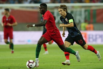 FARO, PORTUGAL - September 6: Bruma of Portugal and RB Leipzig with Luka Modric of Croatia and Real Madrid in action during the International Friendly match between Portugal and Croatia at Estadio Algarve on September 6, 2018 in Faro, Portugal.  (Photo by