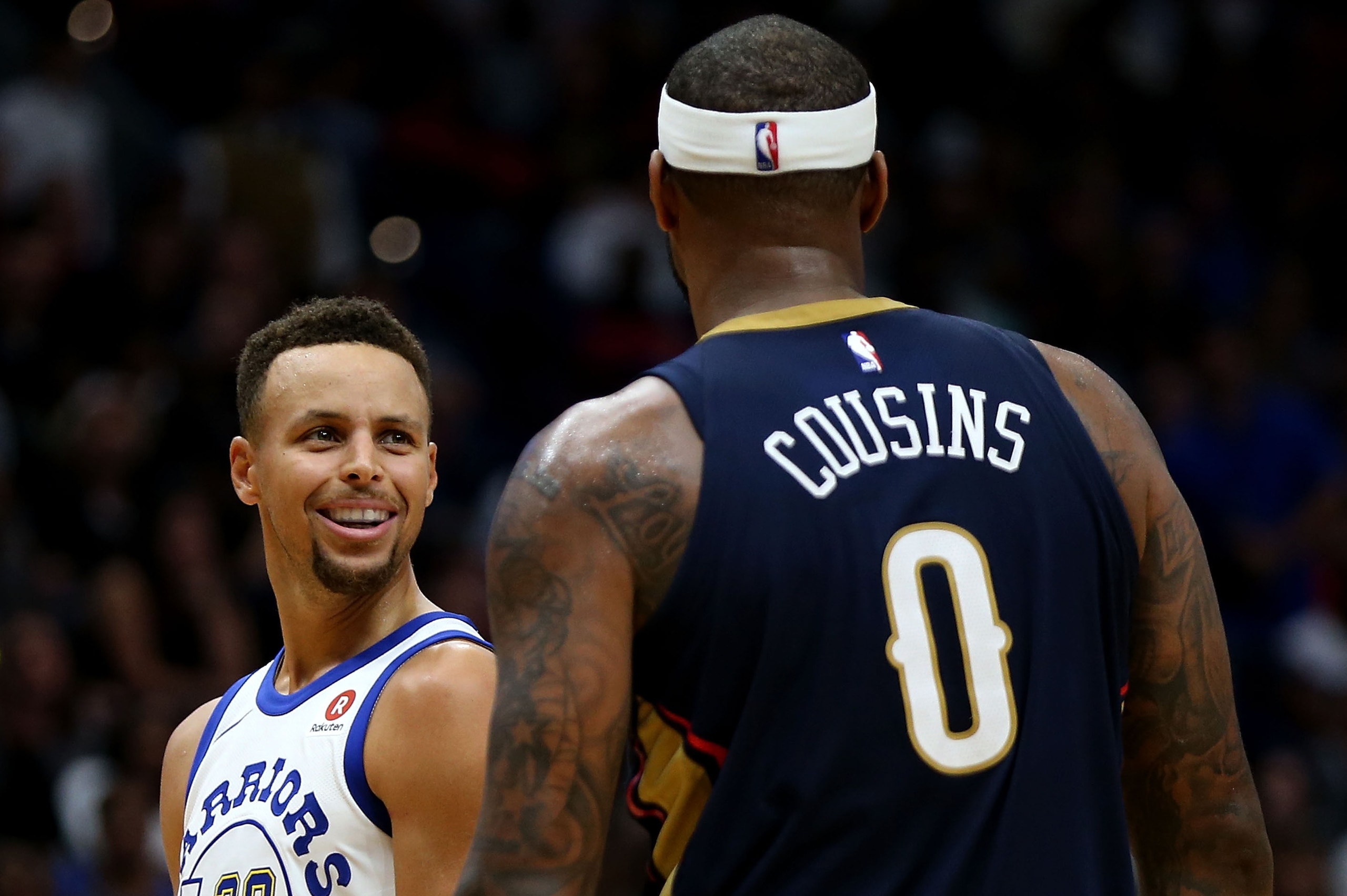 NEW ORLEANS, LA - OCTOBER 20:   DeMarcus Cousins #0 of the New Orleans Pelicans exchanges words with Stephen Curry #30 of the Golden State Warriors during a game at Smoothie King Center on October 20, 2017 in New Orleans, Louisiana.  NOTE TO USER: User ex