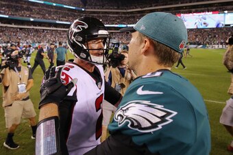 PHILADELPHIA, PA - SEPTEMBER 06:  Matt Ryan #2 of the Atlanta Falcons shakes hands with Nick Foles #9 of the Philadelphia Eagles after the Eagles defeated the Falcons 18-12 at Lincoln Financial Field on September 6, 2018 in Philadelphia, Pennsylvania.  (P