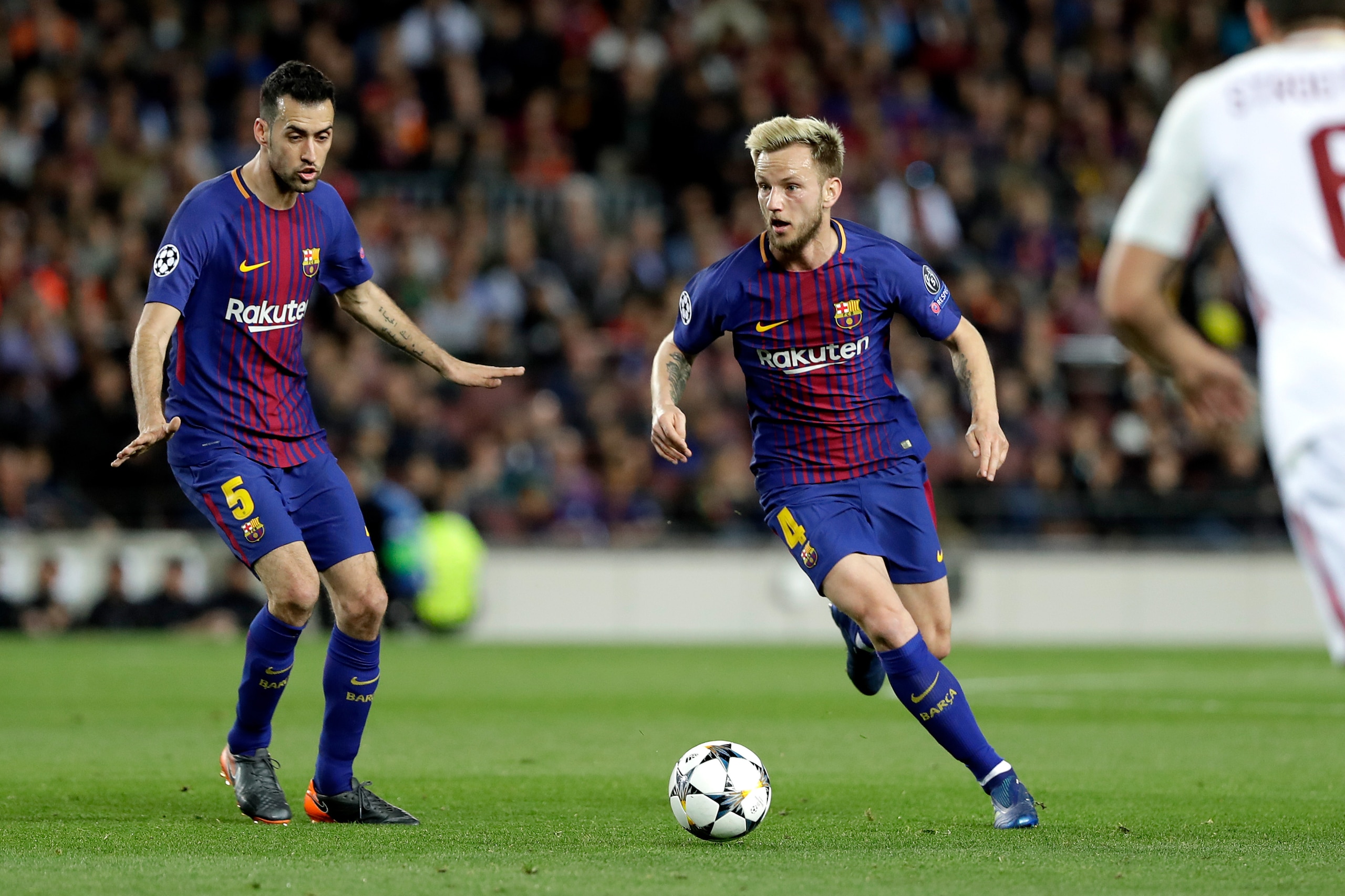 BARCELONA, SPAIN - APRIL 4: (L-R) Sergio Busquets of FC Barcelona, Ivan Rakitic of FC Barcelona  during the UEFA Champions League  match between FC Barcelona v AS Roma at the Camp Nou on April 4, 2018 in Barcelona Spain (Photo by David S. Bustamante/Soccr