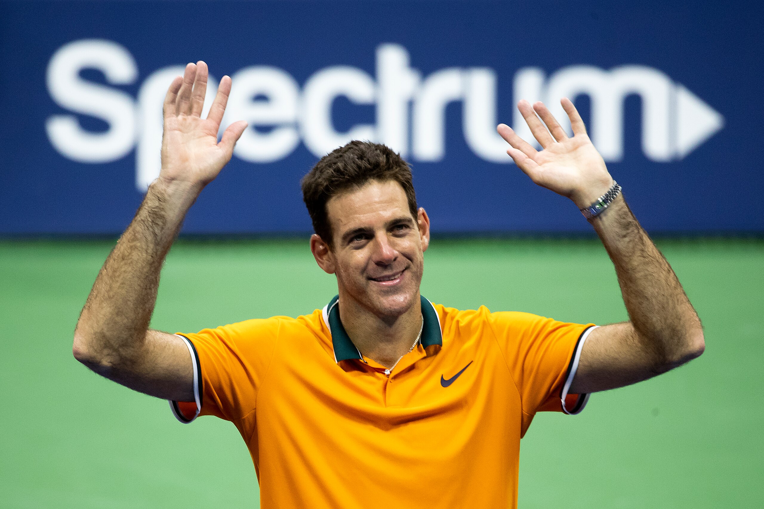 NEW YORK, NY - SEPTEMBER 07: Juan Martin del Potro of Argentina celebrates victory after Rafael Nadal of Spain is forced to retire due to injury in his men's singles semi-final match on Day Twelve of the 2018 US Open at the USTA Billie Jean King National 