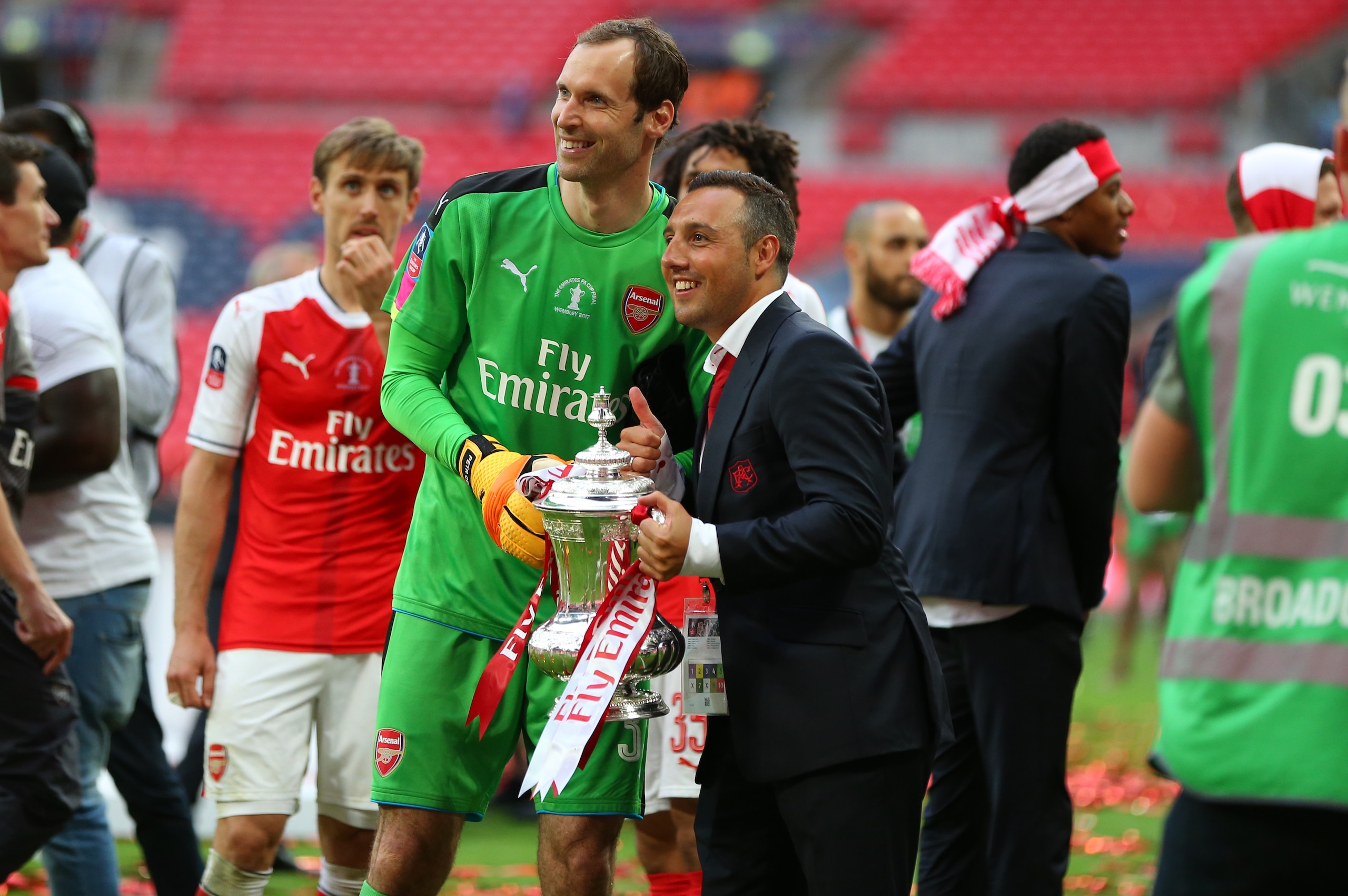 LONDON, ENGLAND - MAY 27: Petr Cech of Arsenal and Santi Cazorla of Arsenal celebrate with the trophy after the Emirates FA Cup Final match between Arsenal and Chelsea at Wembley Stadium on May 27, 2017 in London, England. (Photo by Catherine Ivill - AMA/
