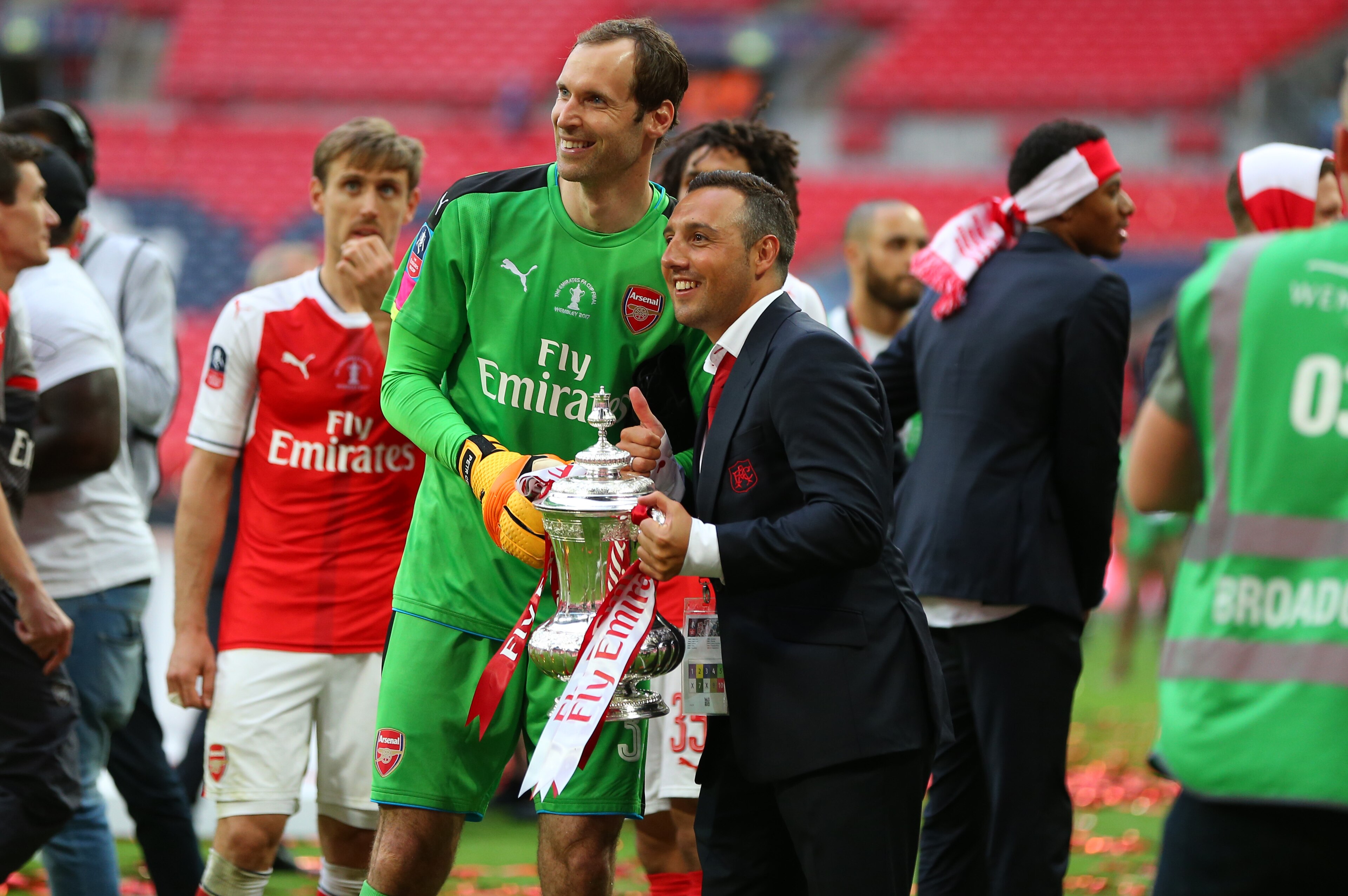 LONDON, ENGLAND - MAY 27: Petr Cech of Arsenal and Santi Cazorla of Arsenal celebrate with the trophy after the Emirates FA Cup Final match between Arsenal and Chelsea at Wembley Stadium on May 27, 2017 in London, England. (Photo by Catherine Ivill - AMA/