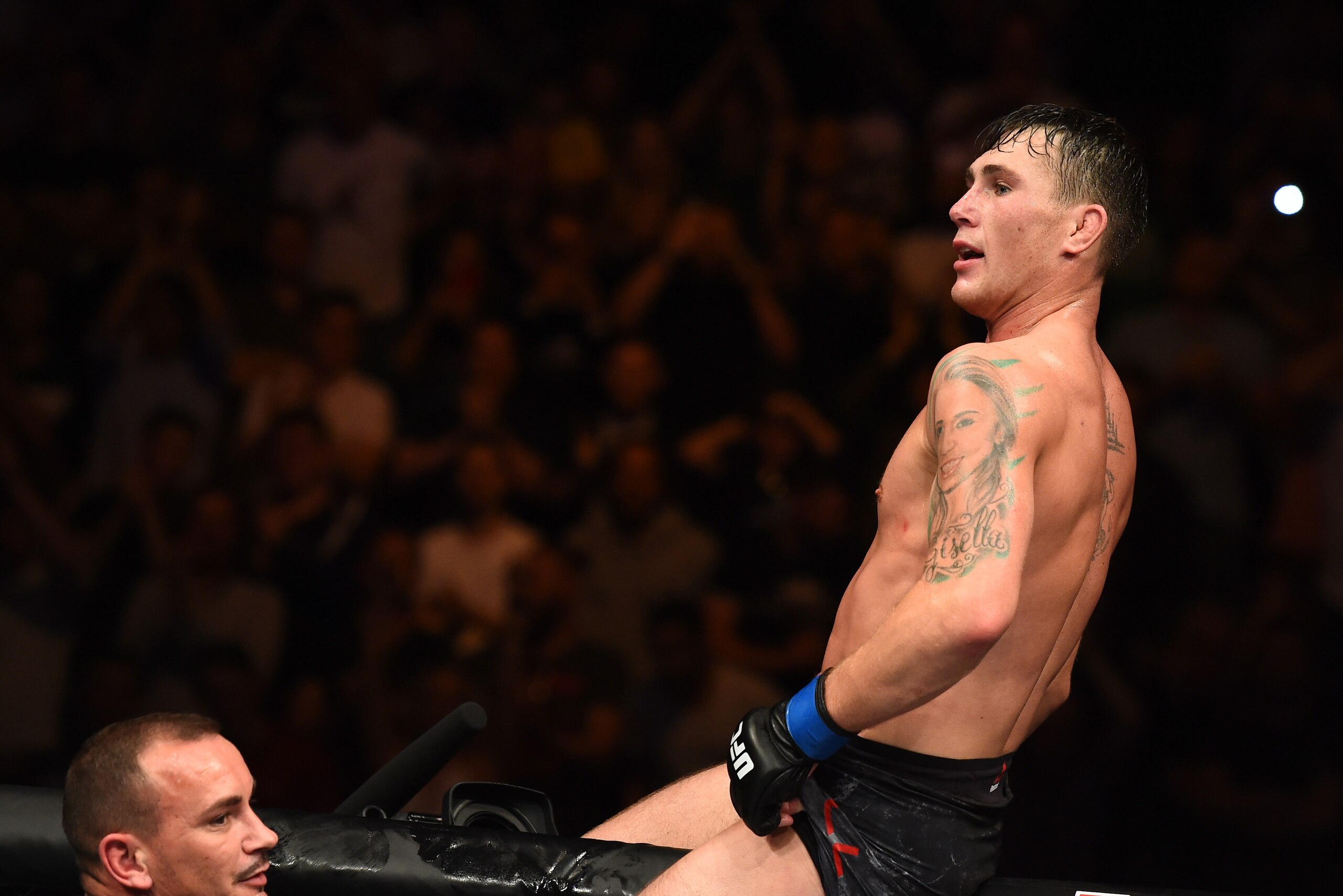 LIVERPOOL, ENGLAND - MAY 27:  Darren Till of England celebrates his victory over Stephen Thompson in their welterweight bout during the UFC Fight Night event at ECHO Arena on May 27, 2018 in Liverpool, England. (Photo by Josh Hedges/Zuffa LLC/Zuffa LLC vi