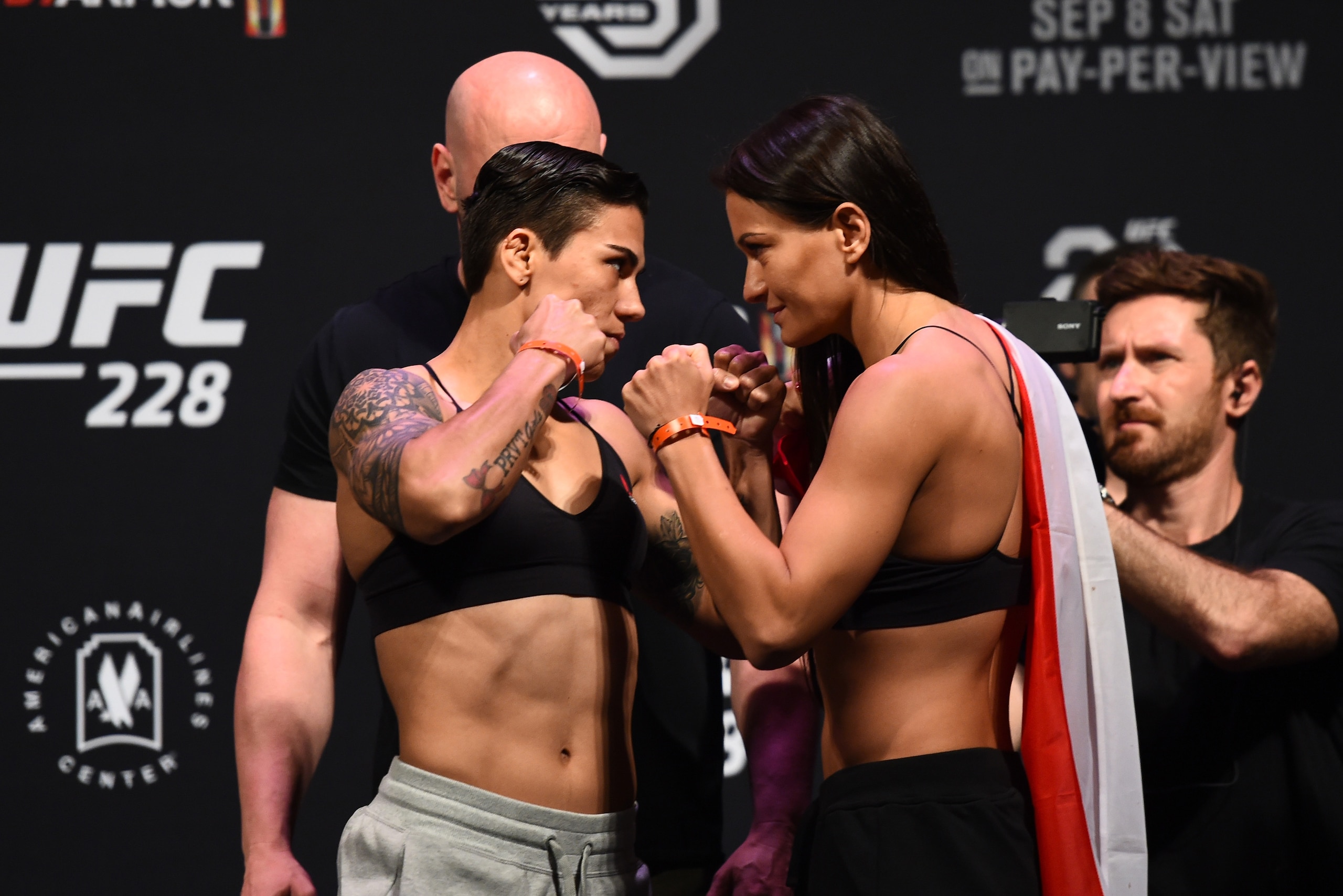 DALLAS, TX - SEPTEMBER 07:   (L-R) Opponents Jessica Andrade of Brazil and Karolina Kowalkiewicz of Poland face off during the UFC 228 weigh-in at American Airlines Center on September 7, 2018 in Dallas, Texas. (Photo by Josh Hedges/Zuffa LLC/Zuffa LLC vi