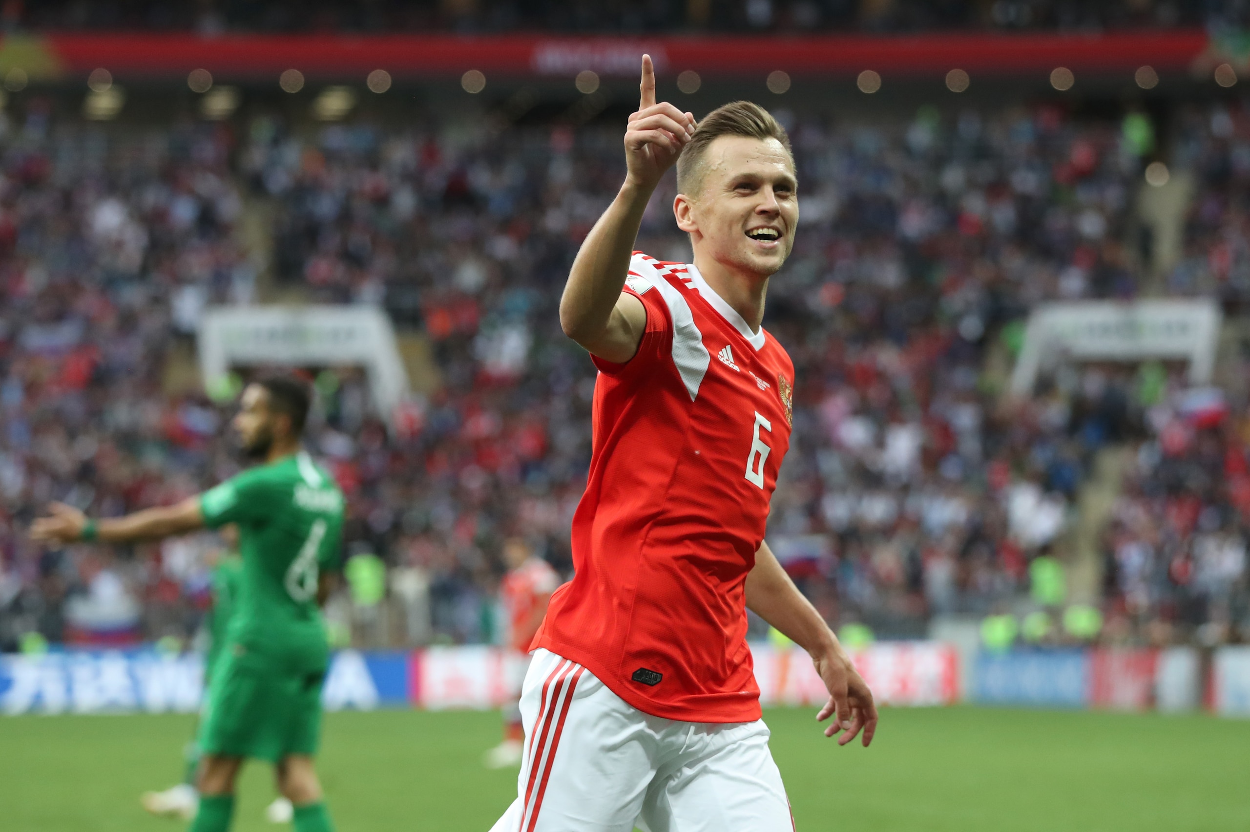 MOSCOW, RUSSIA - JUNE 14:  Denis Cheryshev of Russia celebrates after he scores his team's fourth goal during the 2018 FIFA World Cup Russia group A match between Russia and Saudi Arabia at Luzhniki Stadium on June 14, 2018 in Moscow, Russia. (Photo by Ia