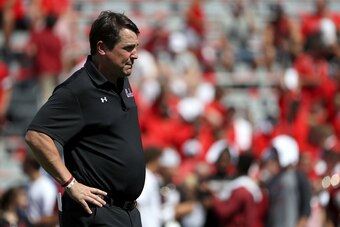 COLUMBIA, SC - SEPTEMBER 08:  Head coach Will Muschamp of the South Carolina Gamecocks watches on before their game against the Georgia Bulldogs at Williams-Brice Stadium on September 8, 2018 in Columbia, South Carolina.  (Photo by Streeter Lecka/Getty Im