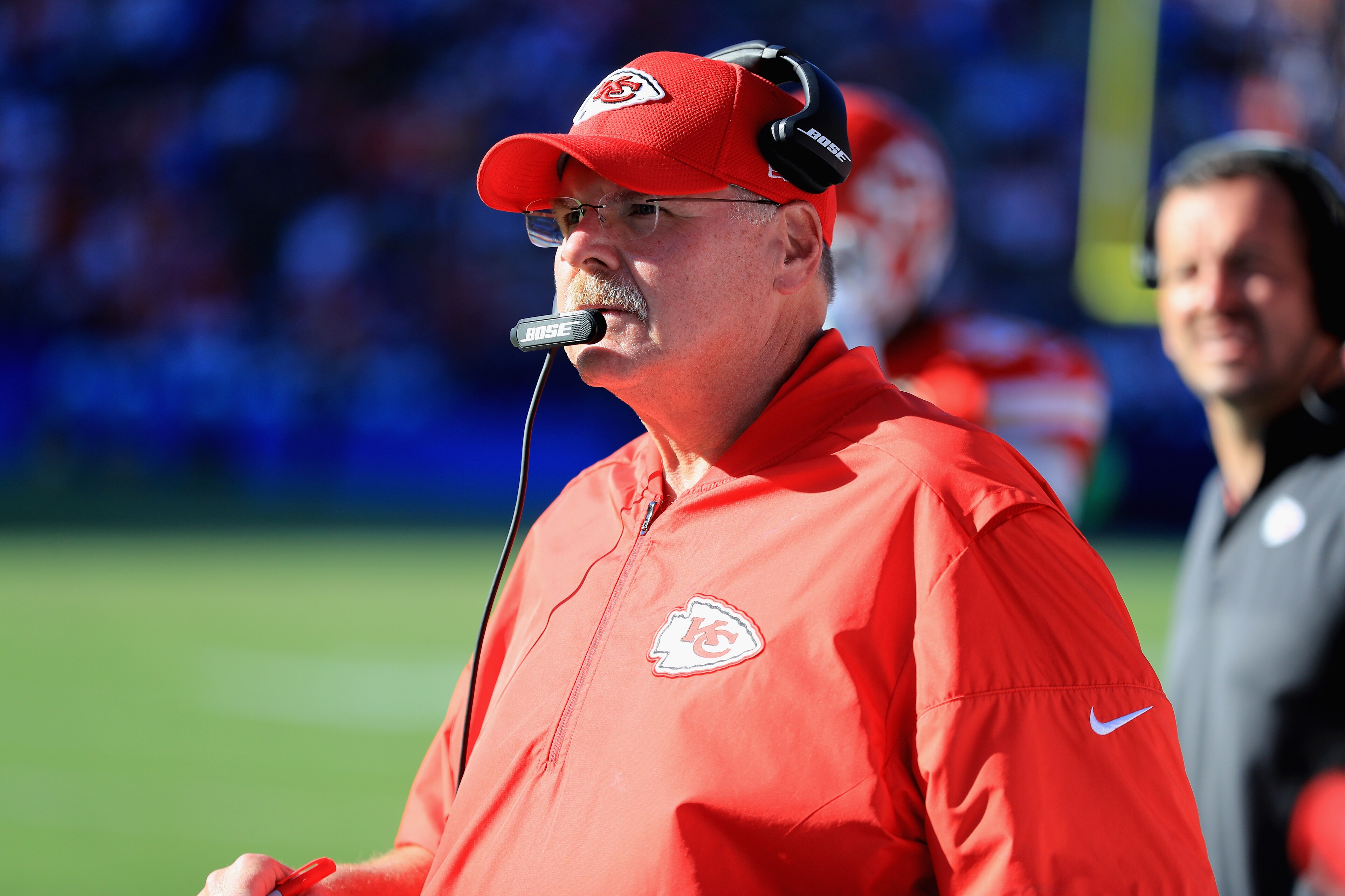 CARSON, CA - SEPTEMBER 24:  Head coach Andy Reid of the Kansas City Chiefs looks on during the second half of a game against the Los Angeles Chargers at StubHub Center on September 24, 2017 in Carson, California.  (Photo by Sean M. Haffey/Getty Images)