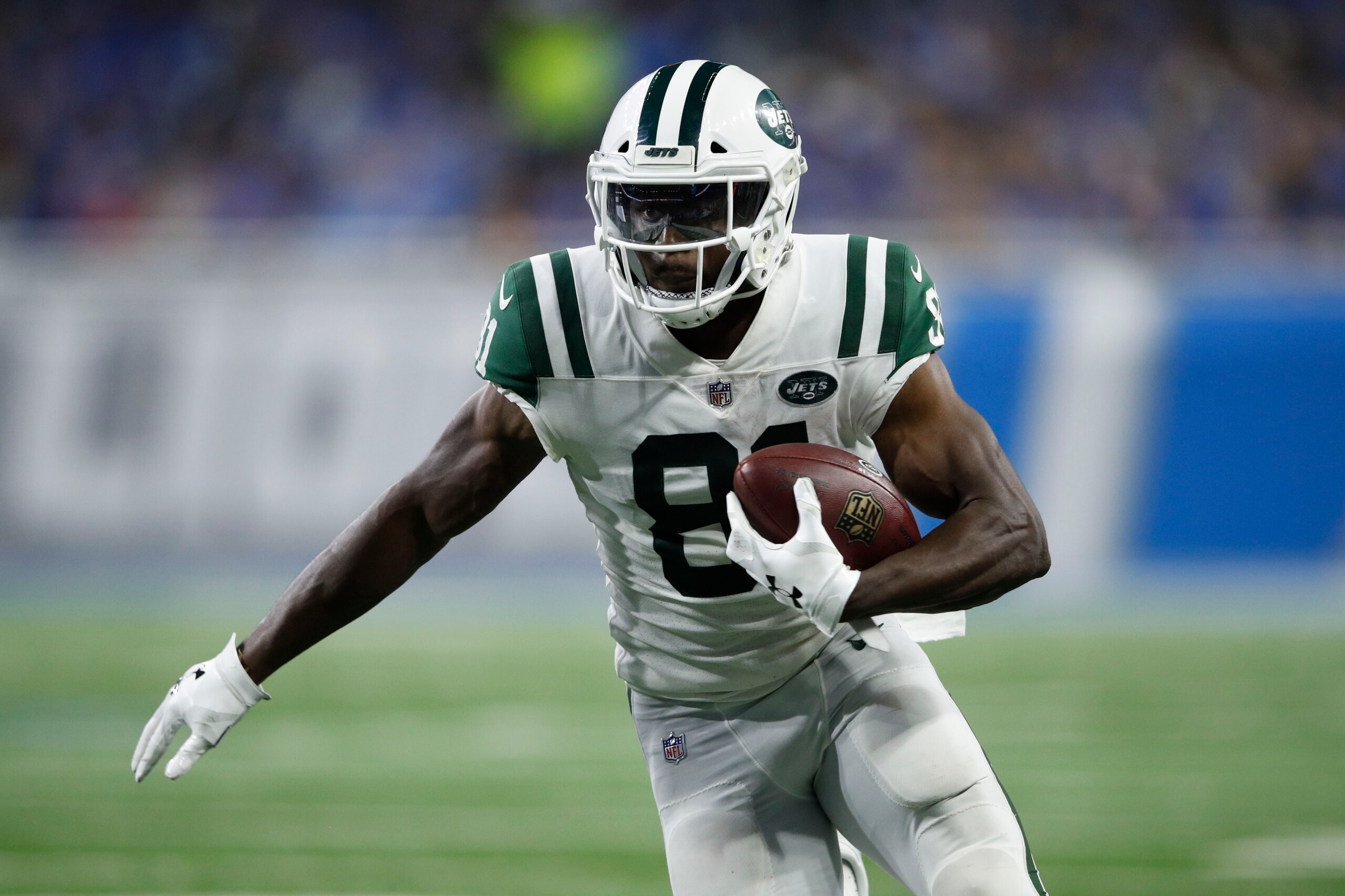 DETROIT, MI - SEPTEMBER 10: Quincy Enunwa #81 of the New York Jets runs the ball in the third quarter against the Detroit Lions at Ford Field on September 10, 2018 in Detroit, Michigan. (Photo by Joe Robbins/Getty Images) DETROIT, MI - SEPTEMBER 10: Quincy Enunwa #81 of the New York Jets runs the ball in the third quarter against the Detroit Lions at Ford Field on September 10, 2018 in Detroit, Michigan. (Photo by Joe Robbins/Getty Images)