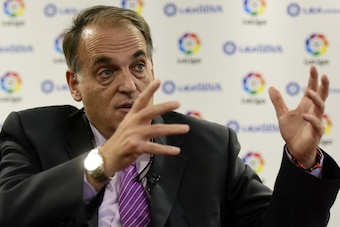 Spanish League Football President President Javier Tebas speaks during an interview with AFP in Madrid on November 17, 2015. The head of the Spanish league, Javier Tebas, believes Saturday's blockbuster clash between Real Madrid and Barcelona can help lea