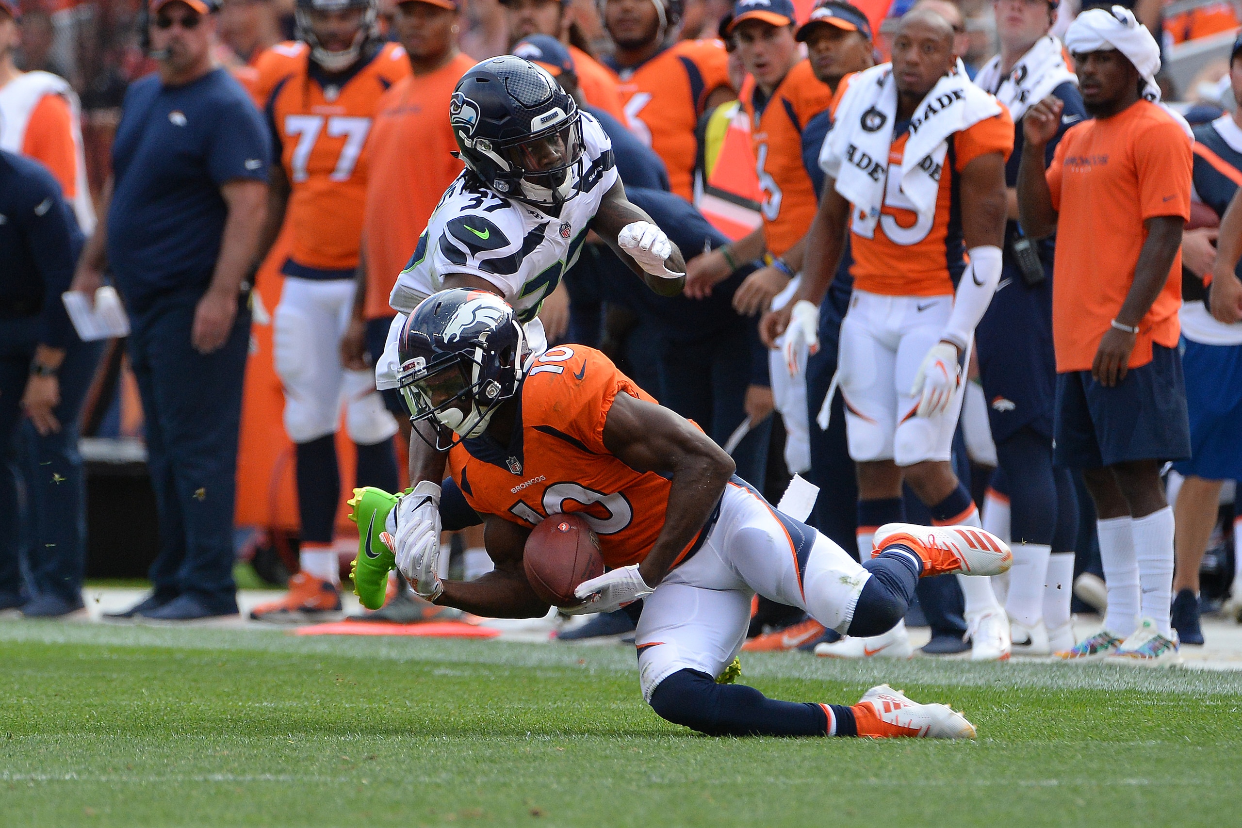 DENVER, CO - SEPTEMBER 9:  Wide receiver Emmanuel Sanders #10 of the Denver Broncos Denver Broncos v the Seattle Seahawks at Broncos Stadium at Mile High on September 9, 2018 in {Denver, Colorado. (Photo by Bart Young/Getty Images)