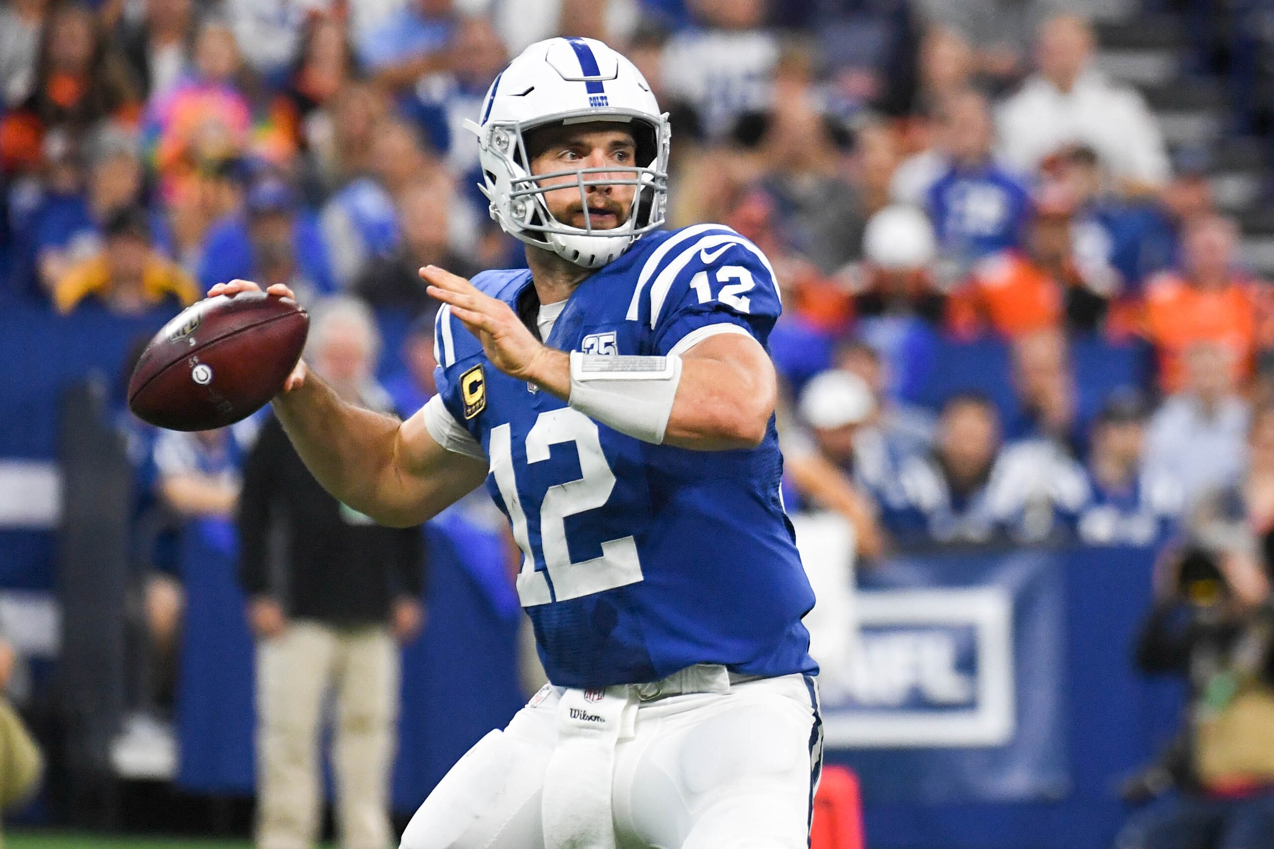 INDIANAPOLIS, IN - SEPTEMBER 09: Andrew Luck #12 of the Indianapolis Colts throws a pass in the game against the Cincinnati Bengals at Lucas Oil Stadium on September 9, 2018 in Indianapolis, Indiana. (Photo by Bobby Ellis/Getty Images) INDIANAPOLIS, IN - SEPTEMBER 09: Andrew Luck #12 of the Indianapolis Colts throws a pass in the game against the Cincinnati Bengals at Lucas Oil Stadium on September 9, 2018 in Indianapolis, Indiana. (Photo by Bobby Ellis/Getty Images)
