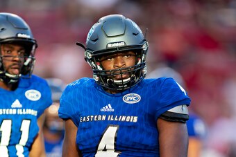 FAYETTEVILLE, AR - SEPTEMBER 1:  Jamal Scott #4 of the Eastern Illinois Panthers looks to the sidelines during a game against the Arkansas Razorbacks at Razorback Stadium on September 1, 2018 in Fayetteville, Arkansas.  The Razorbacks defeated the Panther