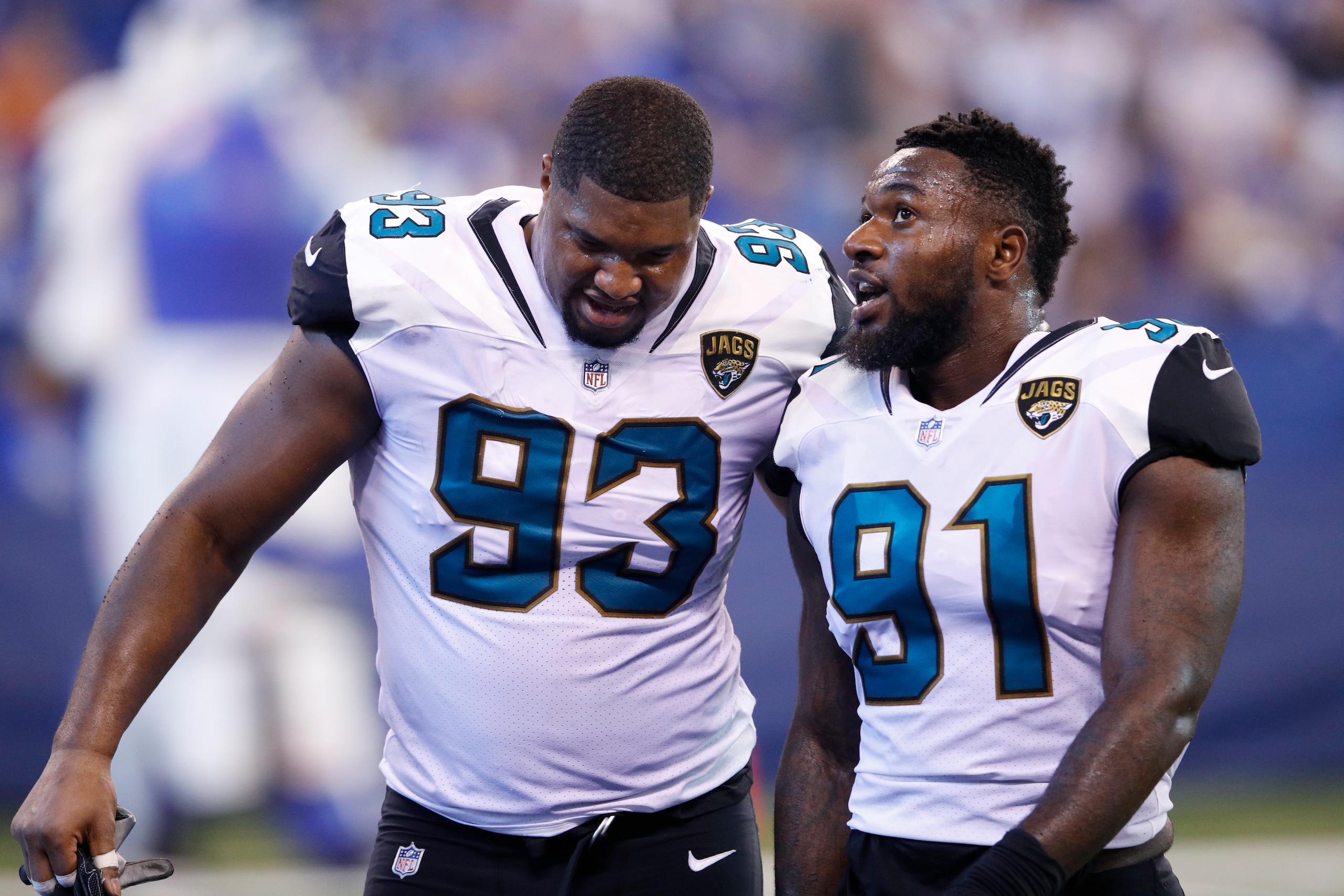 INDIANAPOLIS, IN - OCTOBER 22: Yannick Ngakoue #91 of the Jacksonville Jaguars talks to Calais Campbell #93 during a game against the Indianapolis Colts at Lucas Oil Stadium on October 22, 2017 in Indianapolis, Indiana. Jacksonville won 27-0. (Photo by Jo INDIANAPOLIS, IN - OCTOBER 22: Yannick Ngakoue #91 of the Jacksonville Jaguars talks to Calais Campbell #93 during a game against the Indianapolis Colts at Lucas Oil Stadium on October 22, 2017 in Indianapolis, Indiana. Jacksonville won 27-0. (Photo by Jo