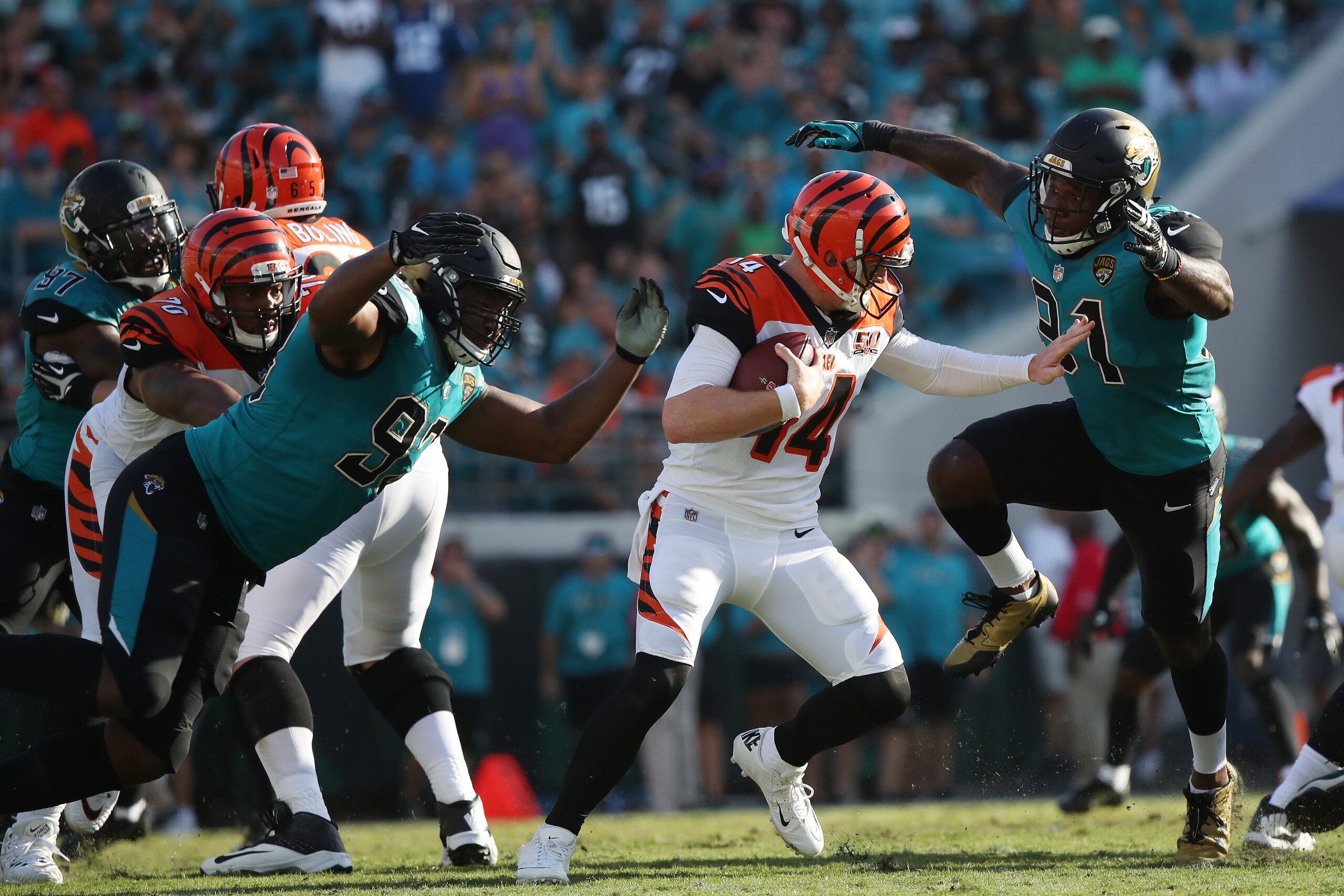 JACKSONVILLE, FL - NOVEMBER 05: Yannick Ngakoue #91 and Calais Campbell #93 of the Jacksonville Jaguars put pressure on Andy Dalton #14 of the Cincinnati Bengals in the second half of their game at EverBank Field on November 5, 2017 in Jacksonville, Flo JACKSONVILLE, FL - NOVEMBER 05: Yannick Ngakoue #91 and Calais Campbell #93 of the Jacksonville Jaguars put pressure on Andy Dalton #14 of the Cincinnati Bengals in the second half of their game at EverBank Field on November 5, 2017 in Jacksonville, Flo