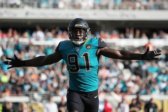 JACKSONVILLE, FL - NOVEMBER 05:  Yannick Ngakoue #91 of the Jacksonville Jaguars celebrates a play on the field in the second half of their game against the Cincinnati Bengals at EverBank Field on November 5, 2017 in Jacksonville, Florida.  (Photo by Loga
