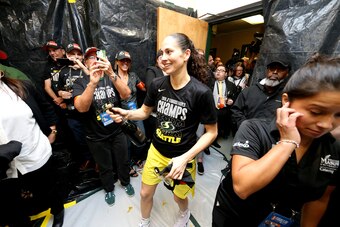 FAIRFAX, VA - SEPTEMBER 12: Sue Bird #10 of the Seattle Storm celebrates after winning the 2018 WNBA Finals against the Washington Mystics during Game Three of the 2018 WNBA Finals on September 12, 2018 at Eaglebank Arena at George Mason University in Fai