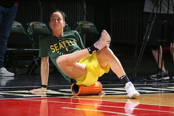 WASHINGTON D.C - SEPTEMBER 11: Sue Bird #10 of the Seattle Storm stretches at practice and media availability during the 2018 WNBA Finals on September 11, 2018 at George Mason University in Washington D.C. NOTE TO USER: User expressly acknowledges and agr