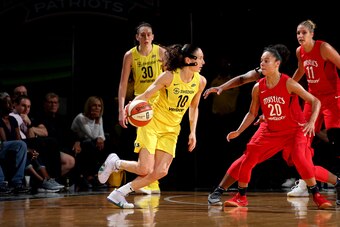 FAIRFAX, VA - SEPTEMBER 12: Sue Bird #10 of the Seattle Storm handles the ball against the Washington Mystics during Game Three of the 2018 WNBA Finals on September 12, 2018 at Eaglebank Arena at George Mason University in Fairfax, VA. NOTE TO USER: User 