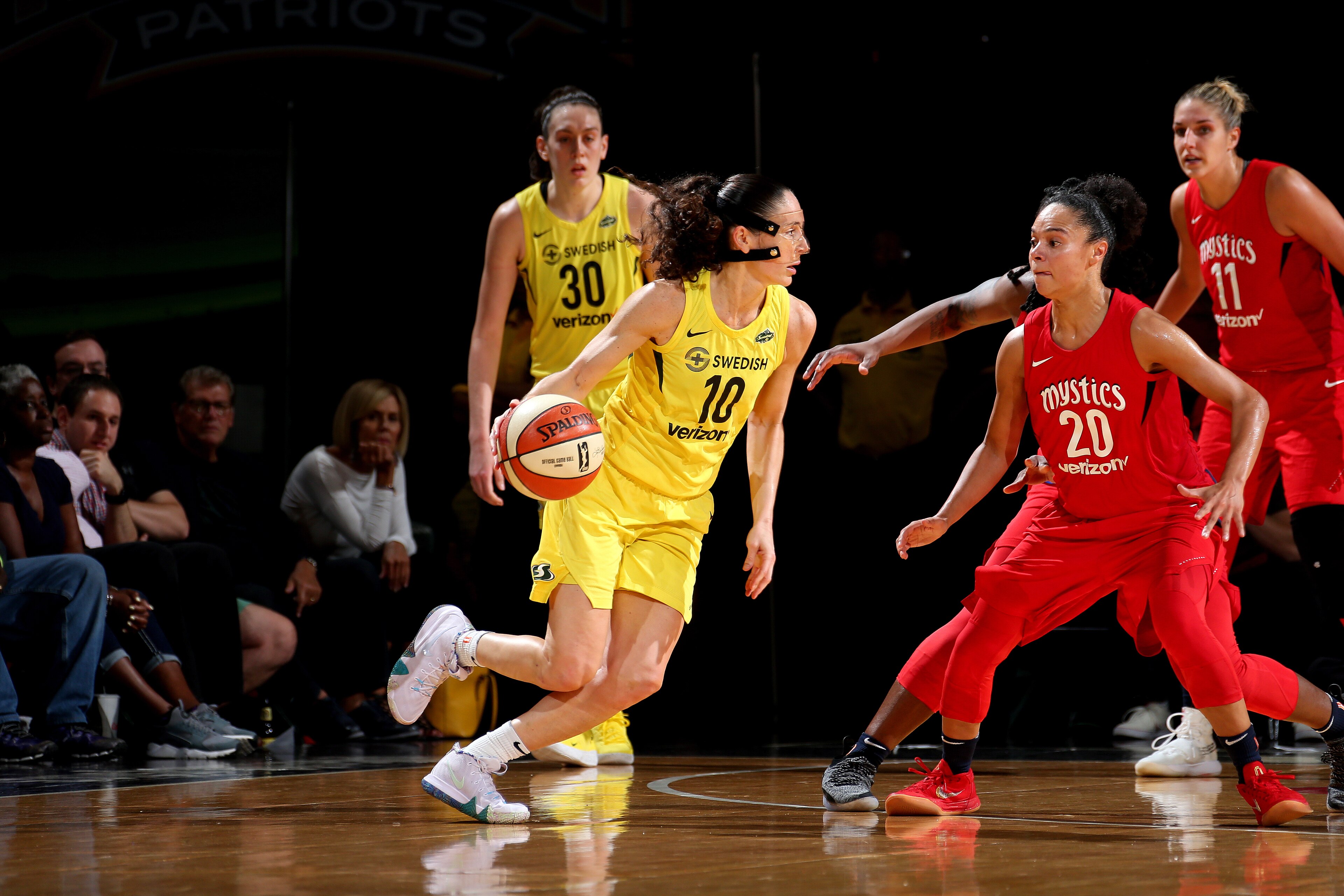 FAIRFAX, VA - SEPTEMBER 12: Sue Bird #10 of the Seattle Storm handles the ball against the Washington Mystics during Game Three of the 2018 WNBA Finals on September 12, 2018 at Eaglebank Arena at George Mason University in Fairfax, VA. NOTE TO USER: User 