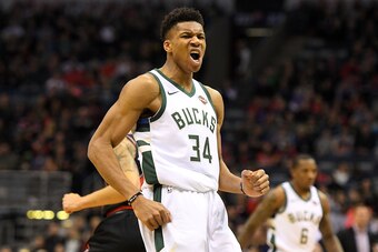 MILWAUKEE, WI - DECEMBER 26:  Giannis Antetokounmpo #34 of the Milwaukee Bucks celebrates a dunk against the Chicago Bulls during the first half of a game at the Bradley Center on December 26, 2017 in Milwaukee, Wisconsin.  NOTE TO USER: User expressly ac