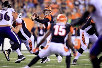 CINCINNATI, OH - SEPTEMBER 13:  Andy Dalton #14 of the Cincinnati Bengals throws a pass in the game against the Baltimore Ravens at Paul Brown Stadium on September 13, 2018 in Cincinnati, Ohio.  (Photo by Andy Lyons/Getty Images)