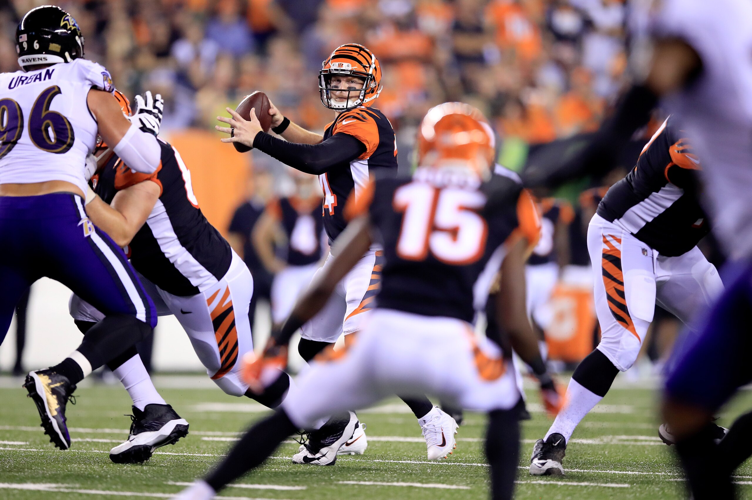 CINCINNATI, OH - SEPTEMBER 13:  Andy Dalton #14 of the Cincinnati Bengals throws a pass in the game against the Baltimore Ravens at Paul Brown Stadium on September 13, 2018 in Cincinnati, Ohio.  (Photo by Andy Lyons/Getty Images)