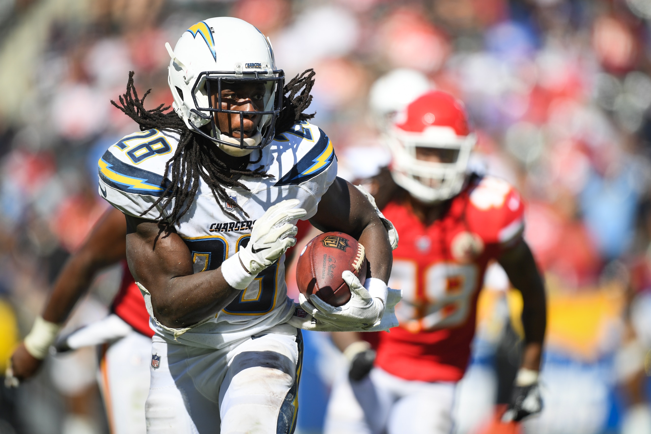 CARSON, CA - SEPTEMBER 09: Running back Melvin Gordon #28 of the Los Angeles Chargers carries the ball in the fourth quarter against the Kansas City Chiefs at StubHub Center on September 9, 2018 in Carson, California. (Photo by Harry How/Getty Images) CARSON, CA - SEPTEMBER 09: Running back Melvin Gordon #28 of the Los Angeles Chargers carries the ball in the fourth quarter against the Kansas City Chiefs at StubHub Center on September 9, 2018 in Carson, California. (Photo by Harry How/Getty Images)