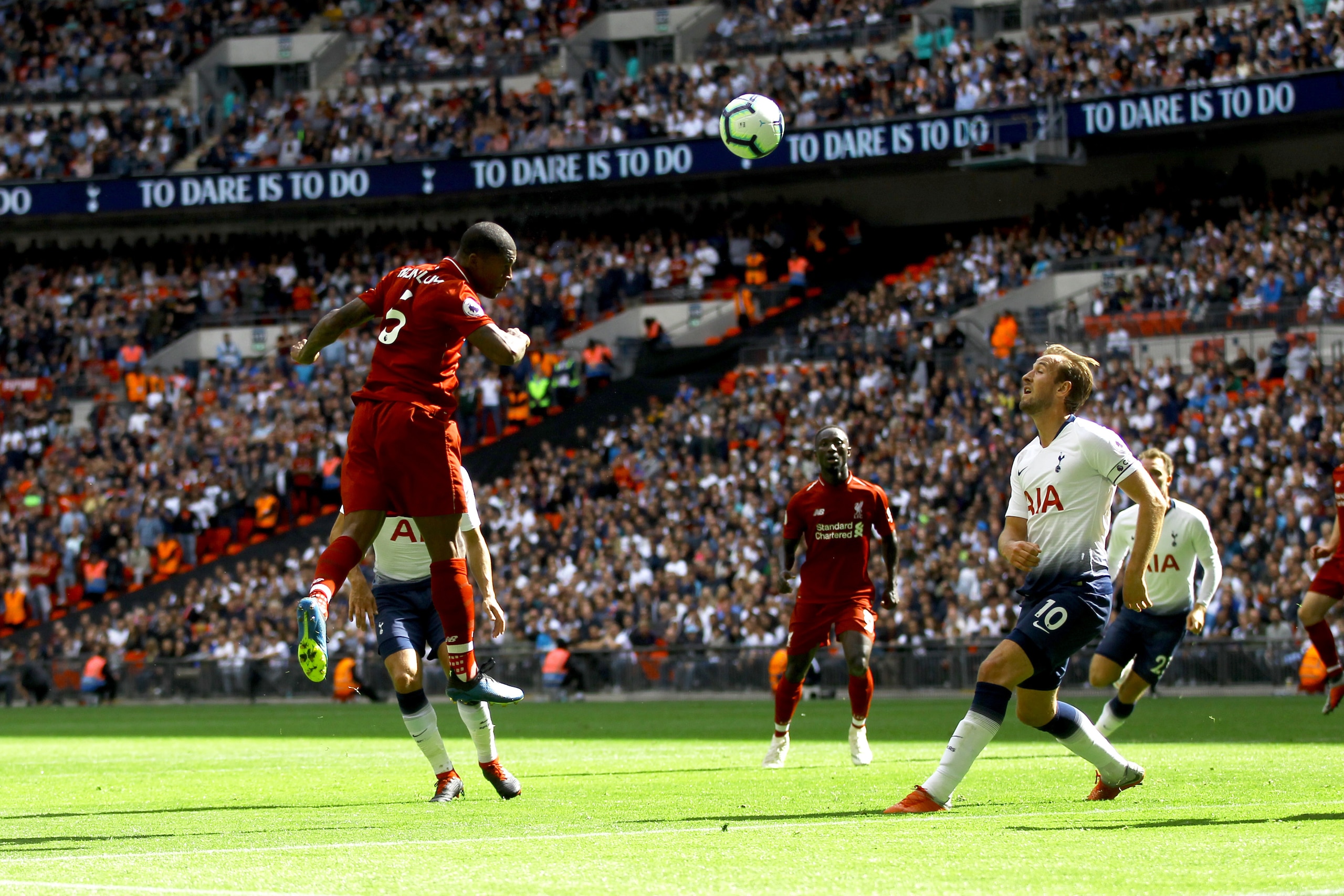 LONDON, ENGLAND - SEPTEMBER 15:
Georgina Wijnaldum of Liverpool scores the first goal for Liverpool in the Premier League match between Tottenham Hotspur and Liverpool FC at Wembley on September 15, 2018 in London, United Kingdom. (Chloe Knott - Danehouse