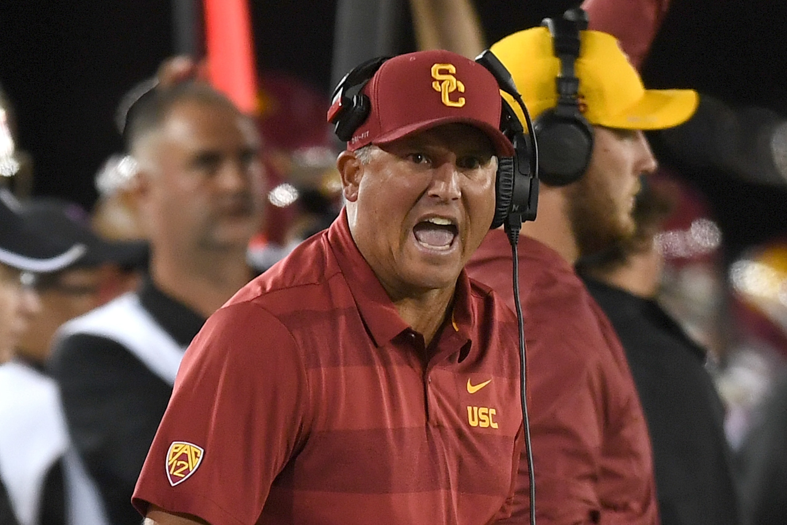 PALO ALTO, CA - SEPTEMBER 08:  Head coach Clay Helton of the USC Trojans reacts to a no call by the officials during an NCAA football game against the Stanford Cardinal at Stanford Stadium on September 8, 2018 in Palo Alto, California.  (Photo by Thearon 