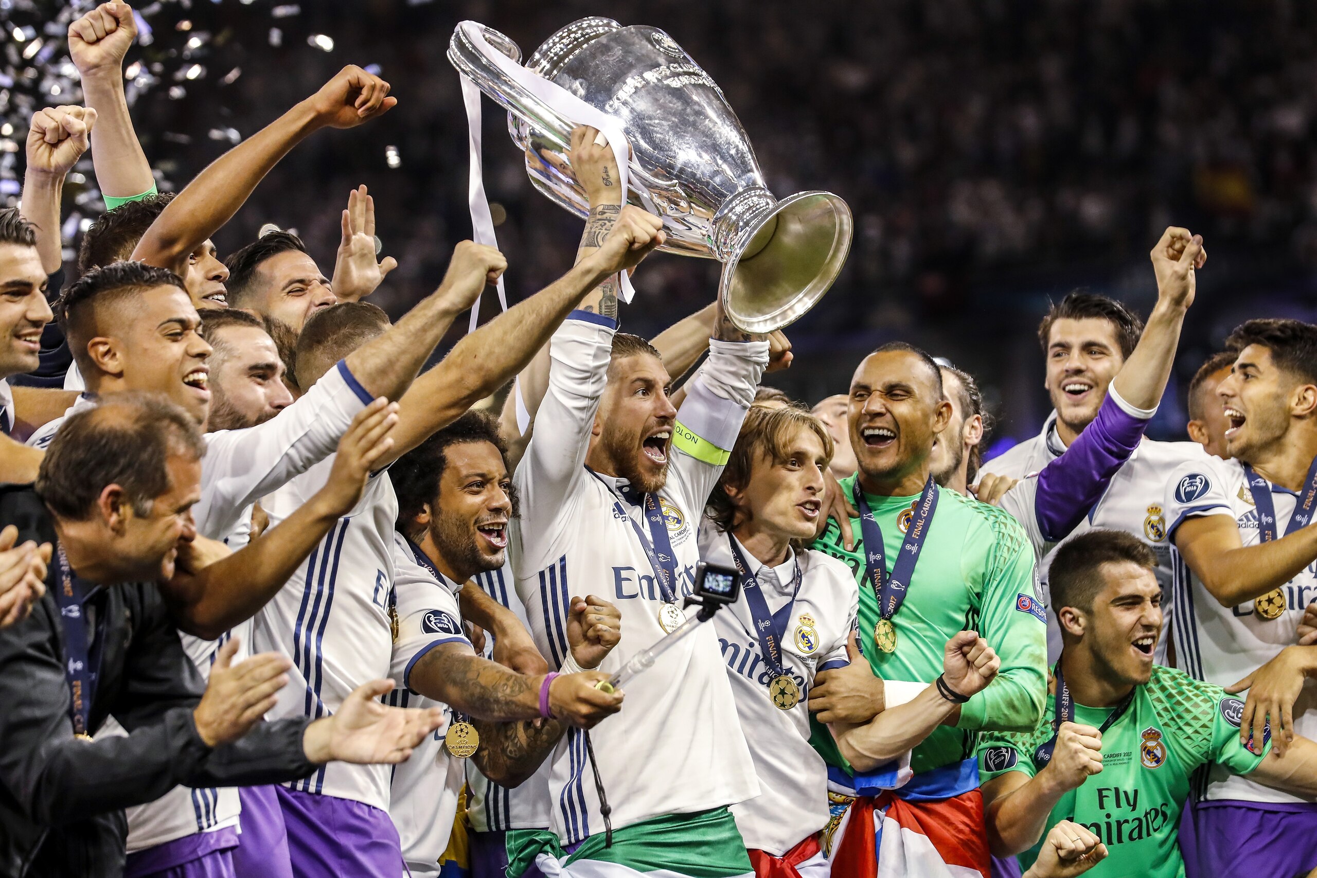 (L-R) Daniel Carvajal of Real Madrid, Marcelo of Real Madrid, Sergio Ramos of Real Madrid, Toni Kroos of Real Madrid, goalkeeper Keylor Navas of Real Madrid, goalkeeper Ruben Yanez of Real Madrid, Alvaro Morata of Real Madrid, Marco Asensio of Real Madrid