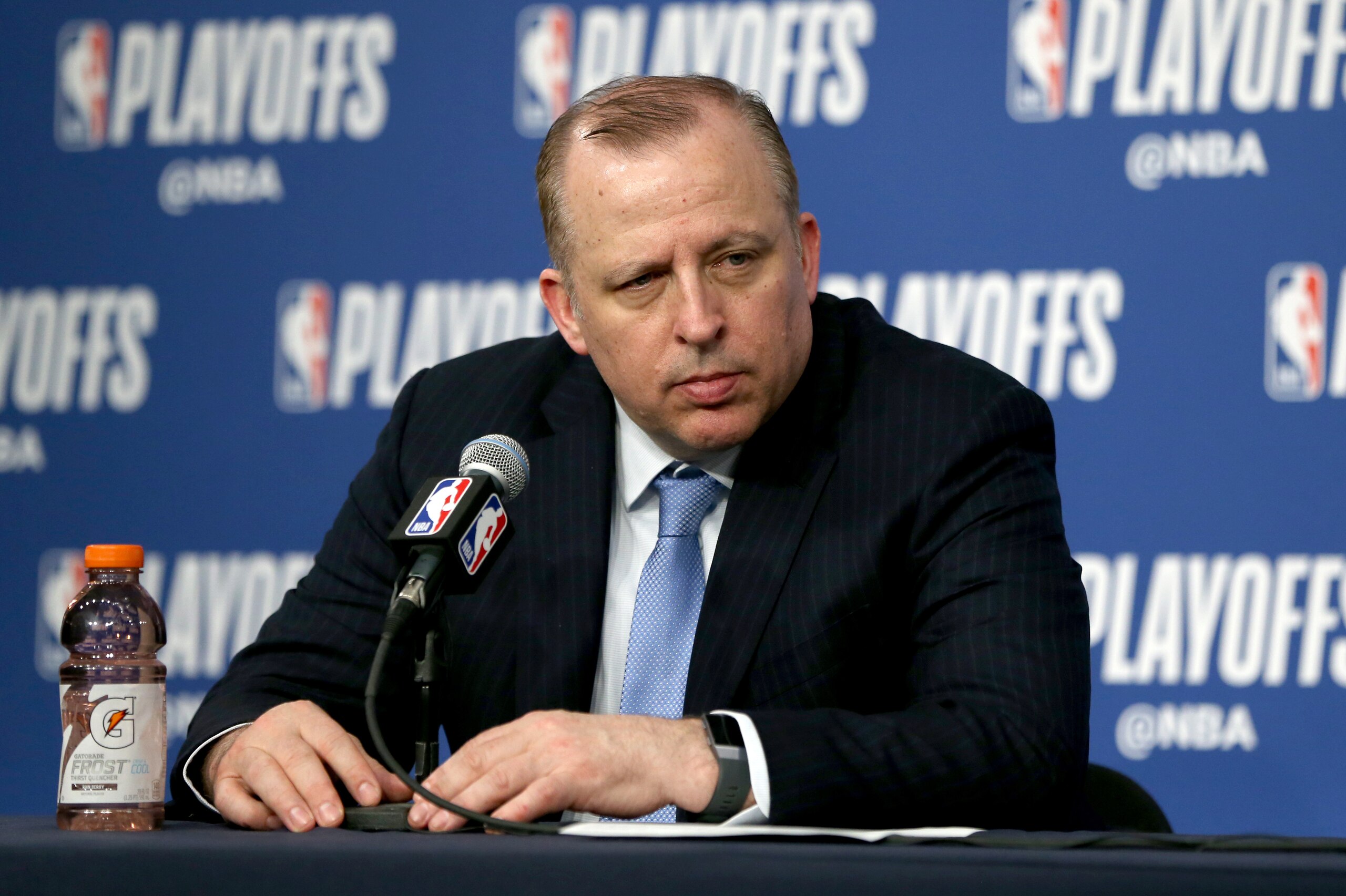 MINNEAPOLIS, MN - APRIL 23:  Tom Thibodeau of the Minnesota Timberwolves talks to the media after the game against the Houston Rockets in Game Four of Round One of the 2018 NBA Playoffs on April 23, 2018 at Target Center in Minneapolis, Minnesota. NOTE TO