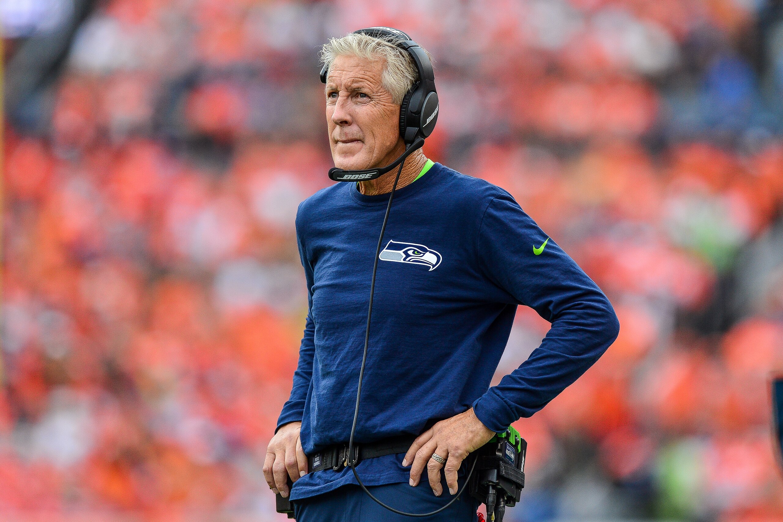 DENVER, CO - SEPTEMBER 9:  Head coach Pete Carroll of the Seattle Seahawks looks onto the field during a game against the Denver Broncos at Broncos Stadium at Mile High on September 9, 2018 in Denver, Colorado. (Photo by Dustin Bradford/Getty Images)