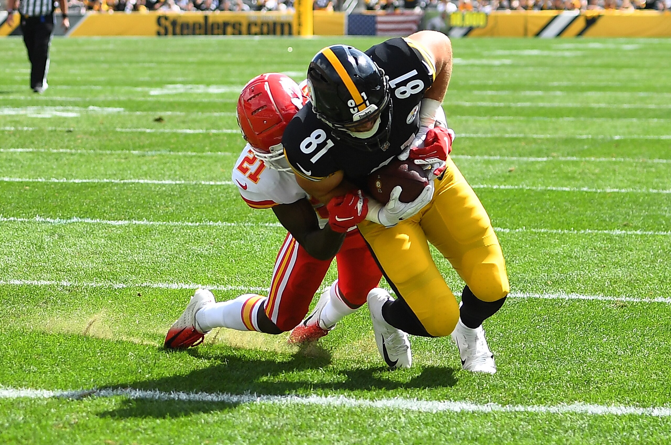 PITTSBURGH, PA - SEPTEMBER 16: Jesse James #81 of the Pittsburgh Steelers dives for the end zone for a 26 yard touchdown reception in the second quarter during the second quarter during the game at Heinz Field on September 16, 2018 in Pittsburgh, Pennsylv