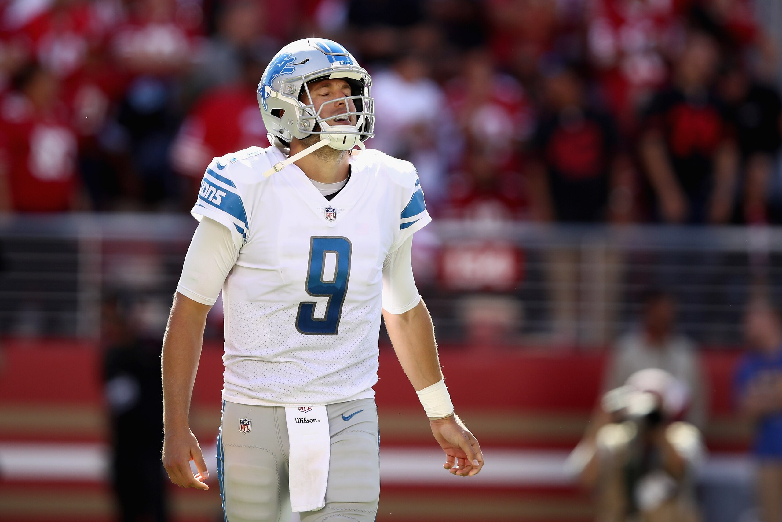 SANTA CLARA, CA - SEPTEMBER 16: Matthew Stafford #9 of the Detroit Lions reacts after throwing an incomplete pass against the San Francisco 49ers at Levi's Stadium on September 16, 2018 in Santa Clara, California. (Photo by Ezra Shaw/Getty Images) SANTA CLARA, CA - SEPTEMBER 16: Matthew Stafford #9 of the Detroit Lions reacts after throwing an incomplete pass against the San Francisco 49ers at Levi's Stadium on September 16, 2018 in Santa Clara, California. (Photo by Ezra Shaw/Getty Images)
