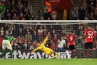 Southampton's English striker Danny Ings (2R) scores a penalty goal past Brighton's Australian goalkeeper Mathew Ryan during the English Premier League football match between Southampton and Brighton at St Mary's Stadium in Southampton, southern England o