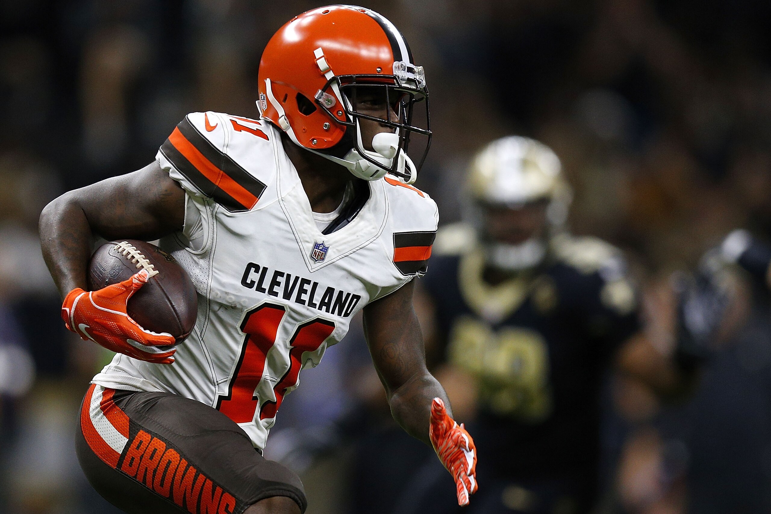 NEW ORLEANS, LA - SEPTEMBER 16: Antonio Callaway #11 of the Cleveland Browns runs with the ball during a game against the New Orleans Saints at the Mercedes-Benz Superdome on September 16, 2018 in New Orleans, Louisiana. (Photo by Jonathan Bachman/Getty NEW ORLEANS, LA - SEPTEMBER 16: Antonio Callaway #11 of the Cleveland Browns runs with the ball during a game against the New Orleans Saints at the Mercedes-Benz Superdome on September 16, 2018 in New Orleans, Louisiana. (Photo by Jonathan Bachman/Getty