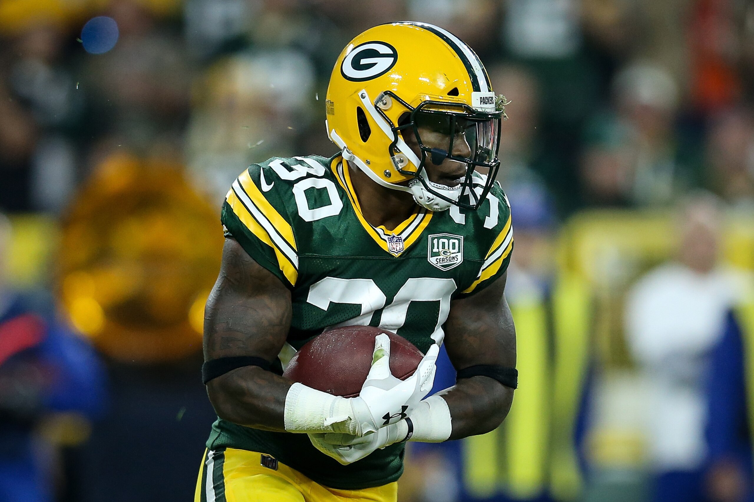 GREEN BAY, WI - SEPTEMBER 09:  Jamaal Williams #30 of the Green Bay Packers runs with the ball in the first quarter against the Chicago Bears at Lambeau Field on September 9, 2018 in Green Bay, Wisconsin.  (Photo by Dylan Buell/Getty Images)