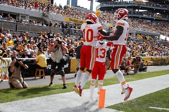 PITTSBURGH, PA - SEPTEMBER 16: Tyreek Hill #10 of the Kansas City Chiefs celebrates with Sammy Watkins #14 after a 29 yard touchdown reception in the fourth quarter during the game against the Pittsburgh Steelers at Heinz Field on September 16, 2018 in Pi