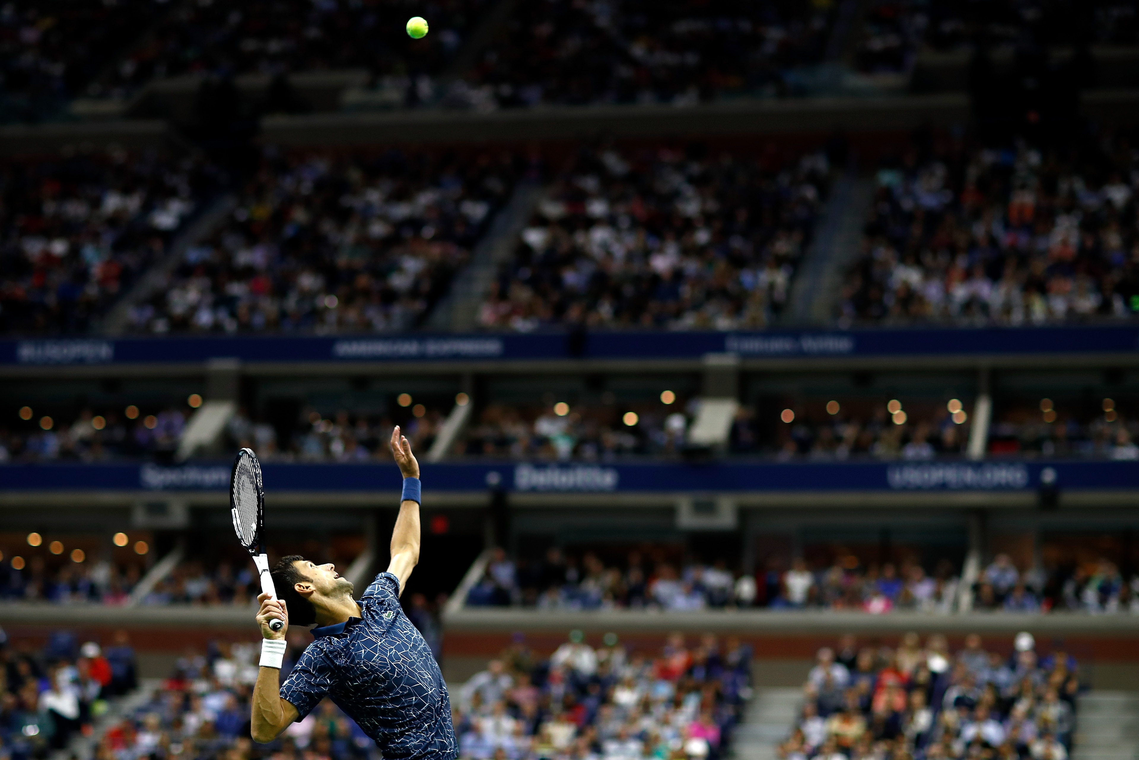 NEW YORK, NY - SEPTEMBER 09:  Novak Djokovic of Serbia serves the ball during his men's Singles finals match against Juan Martin del Potro of Argentina on Day Fourteen of the 2018 US Open at the USTA Billie Jean King National Tennis Center on September 9,