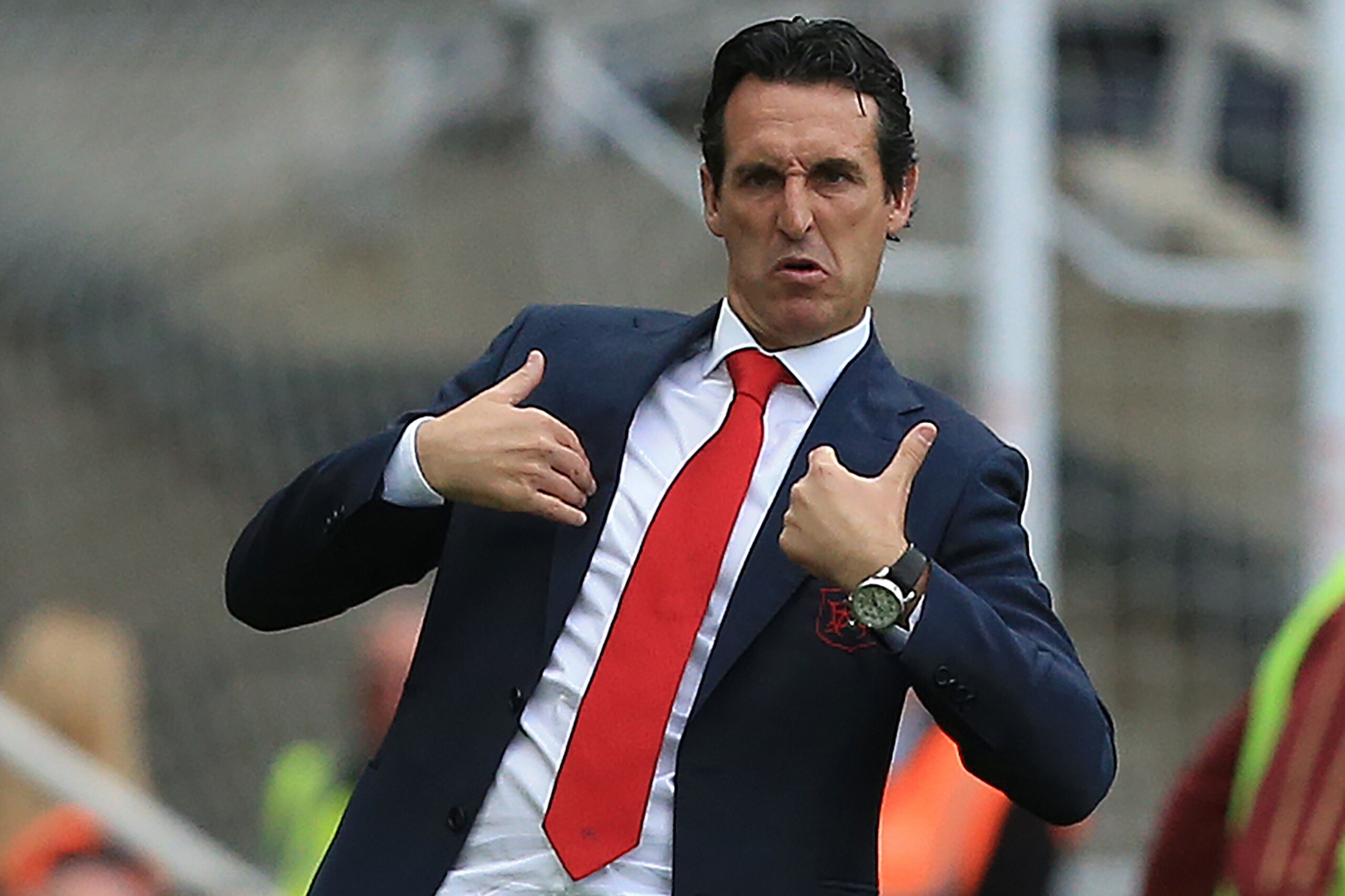 Arsenal's Spanish head coach Unai Emery reacts during the English Premier League football match between Newcastle United and Arsenal at St James' Park in Newcastle-upon-Tyne, north east England on September 15, 2018. (Photo by Lindsey PARNABY / AFP) / RES