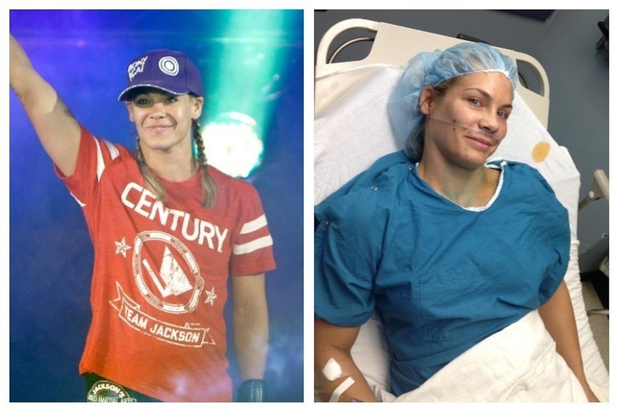 Julie Kedzie before her fight with Miesha Tate in 2012 (left) and on her way to surgery for a torn labrum after that fight.