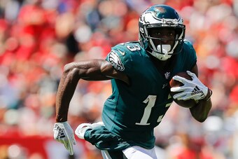 TAMPA, FL - SEPTEMBER 16:  Nelson Agholor #13 of the Philadelphia Eagles in action against the Tampa Bay Buccaneers at Raymond James Stadium on September 16, 2018 in Tampa, Florida.  (Photo by Michael Reaves/Getty Images)