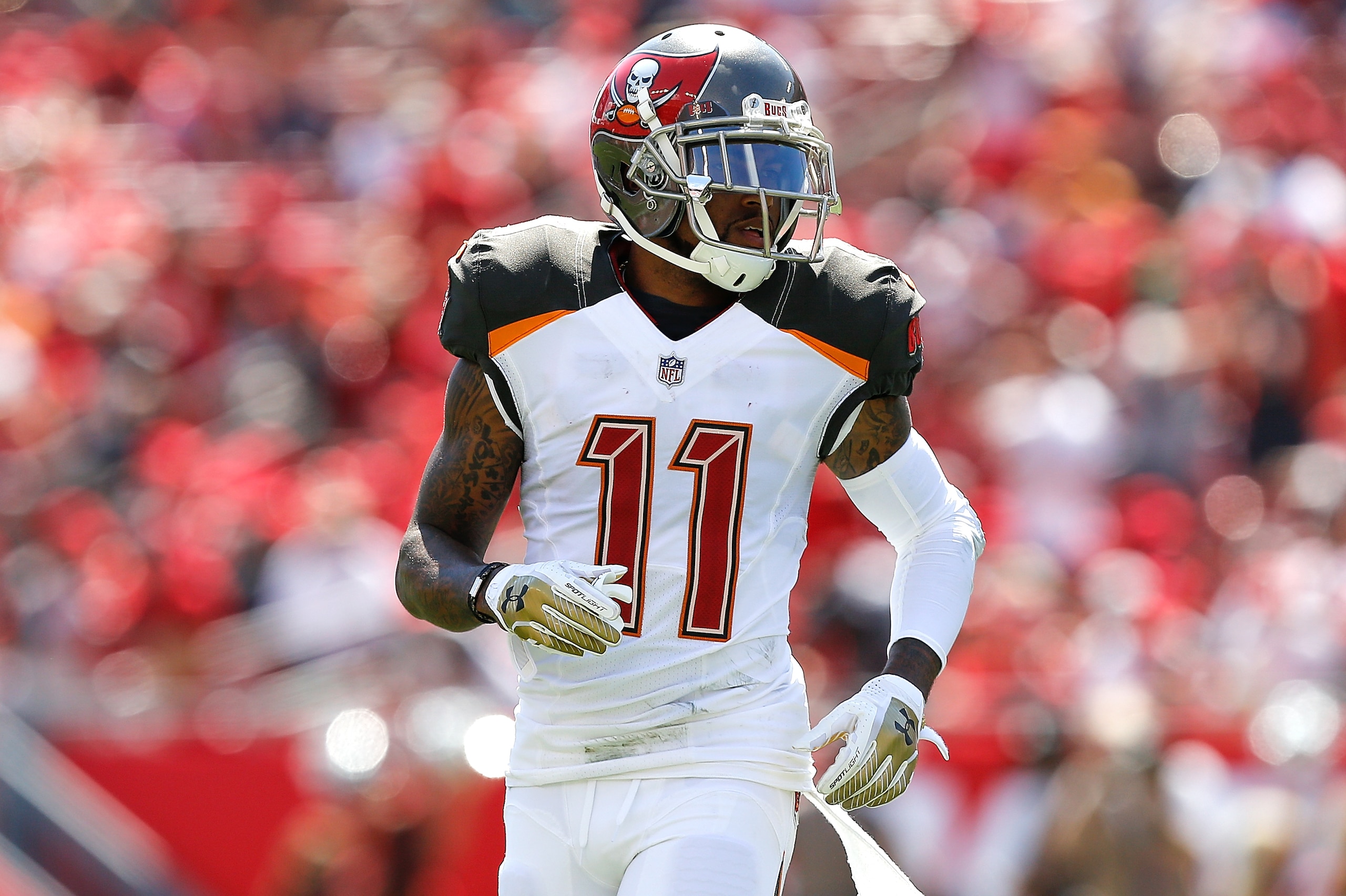 TAMPA, FL - SEPTEMBER 16:  DeSean Jackson #11 of the Tampa Bay Buccaneers looks on against the Philadelphia Eagles at Raymond James Stadium on September 16, 2018 in Tampa, Florida.  (Photo by Michael Reaves/Getty Images)