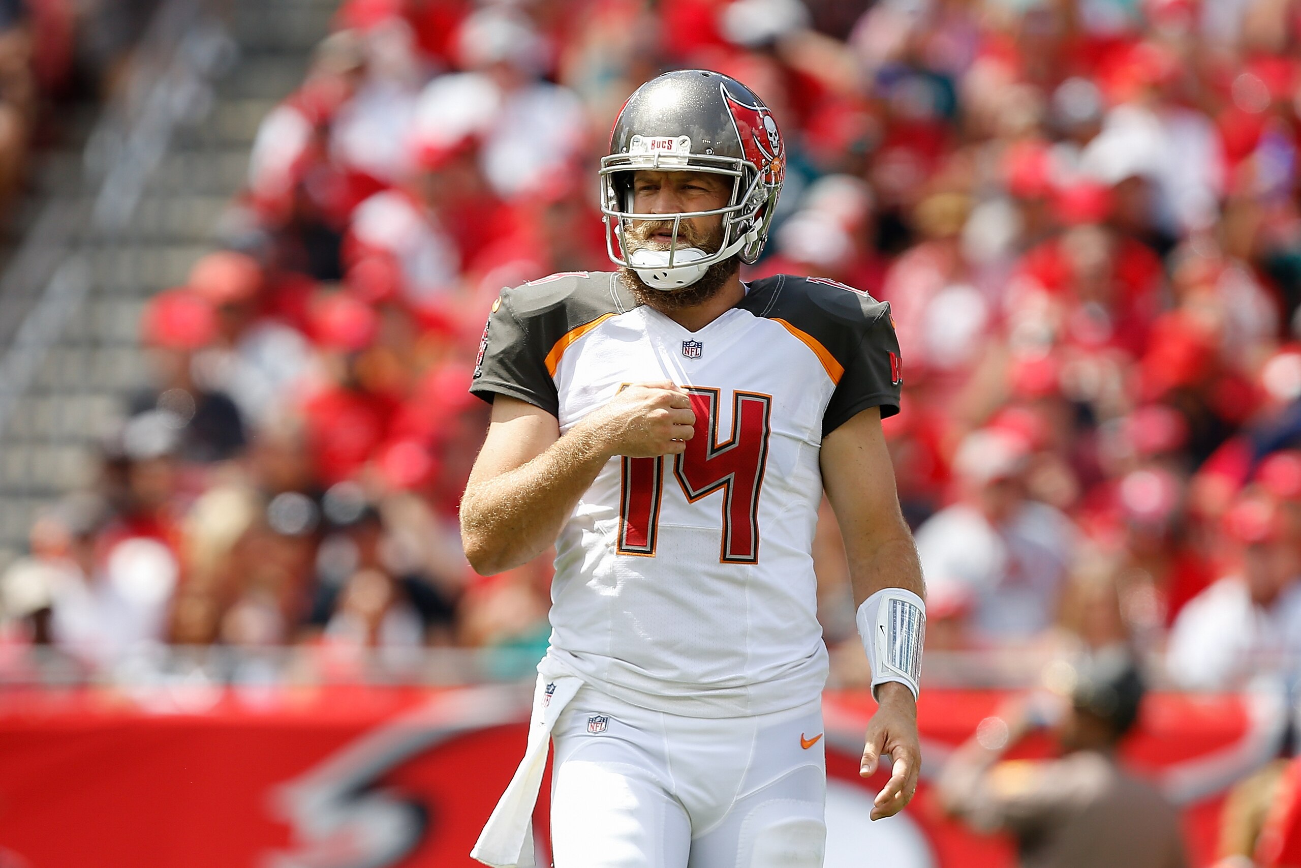 TAMPA, FL - SEPTEMBER 16: Ryan Fitzpatrick #14 of the Tampa Bay Buccaneers in action against the Philadelphia Eagles at Raymond James Stadium on September 16, 2018 in Tampa, Florida. (Photo by Michael Reaves/Getty Images) TAMPA, FL - SEPTEMBER 16: Ryan Fitzpatrick #14 of the Tampa Bay Buccaneers in action against the Philadelphia Eagles at Raymond James Stadium on September 16, 2018 in Tampa, Florida. (Photo by Michael Reaves/Getty Images)