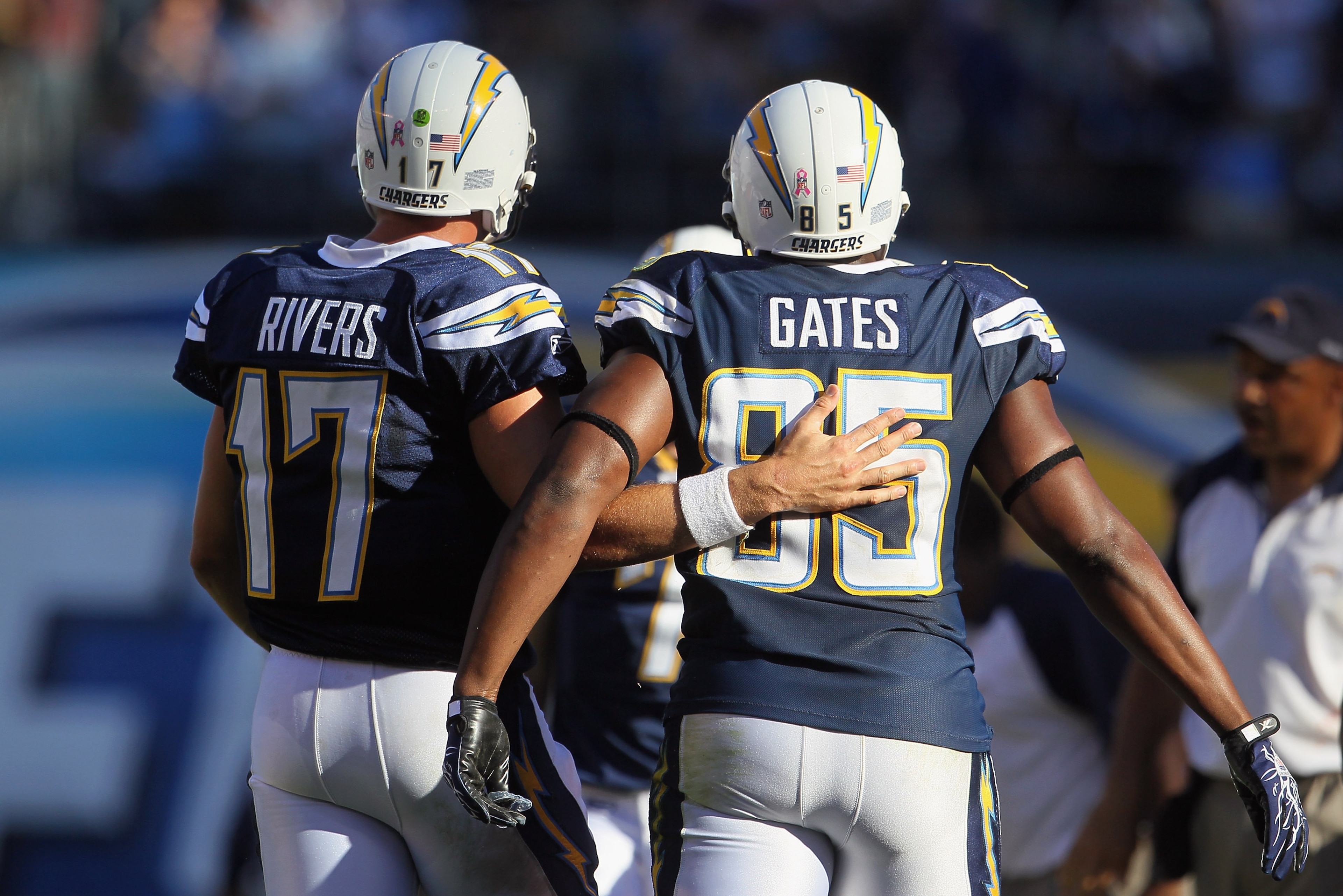 SAN DIEGO - OCTOBER 31: Quarterback Philip Rivers #17 and tight end Antonio Gates #85 of the San Diego Chargers walk up the sideline together against the Tennessee Titans in the fourth quarter at Qualcomm Stadium on October 31, 2010 in San Diego, Califor SAN DIEGO - OCTOBER 31: Quarterback Philip Rivers #17 and tight end Antonio Gates #85 of the San Diego Chargers walk up the sideline together against the Tennessee Titans in the fourth quarter at Qualcomm Stadium on October 31, 2010 in San Diego, Califor