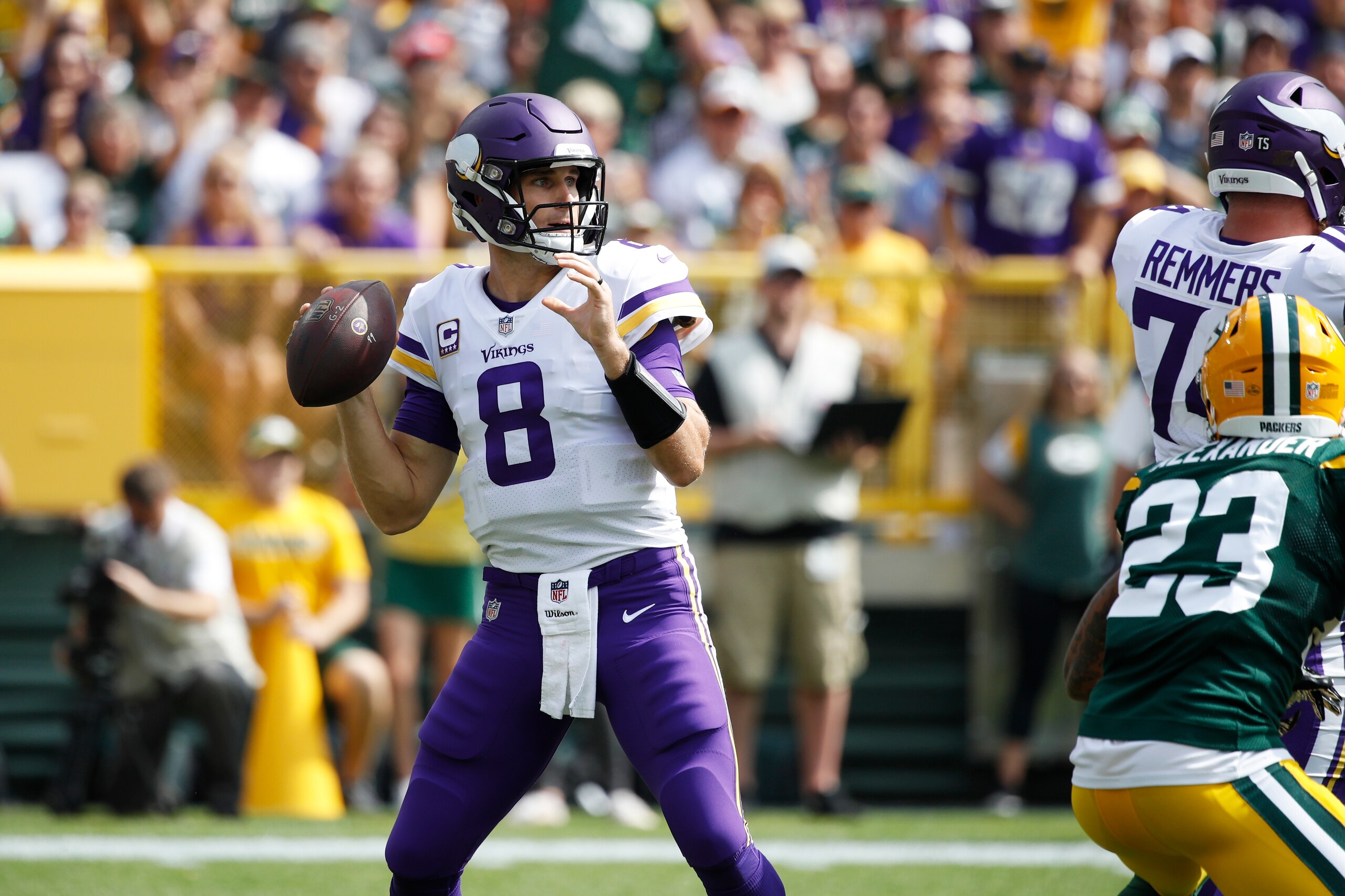 GREEN BAY, WI - SEPTEMBER 16: Kirk Cousins #8 of the Minnesota Vikings looks to pass the ball during the game against the Green Bay Packers at Lambeau Field on September 16, 2018 in Green Bay, Wisconsin. The game ended in a 29-29 tie. (Photo by Joe Robbin