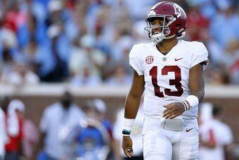 OXFORD, MS - SEPTEMBER 15:  Tua Tagovailoa #13 of the Alabama Crimson Tide reacts during a game against the Mississippi Rebels at Vaught-Hemingway Stadium on September 15, 2018 in Oxford, Mississippi.  (Photo by Jonathan Bachman/Getty Images)